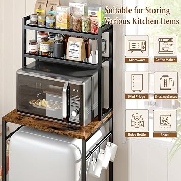 Mini Fridge Stand with Storage Shelves, 3-Tier Mini Fridge Cabinet, Brown | Microwave Organizer Shelf & Bakers Rack, Wood Utility Rack with Mini Fridge Storage Space for Home Kitchen, Dorm, Office