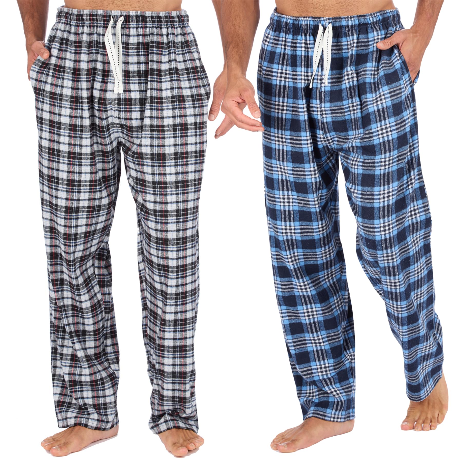 Mens Pyjamas Lounge Pants Cotton Flannel Bottoms Trouser Nightwear PJs Sleepwear (2PACK, GREY, BLACK, L)