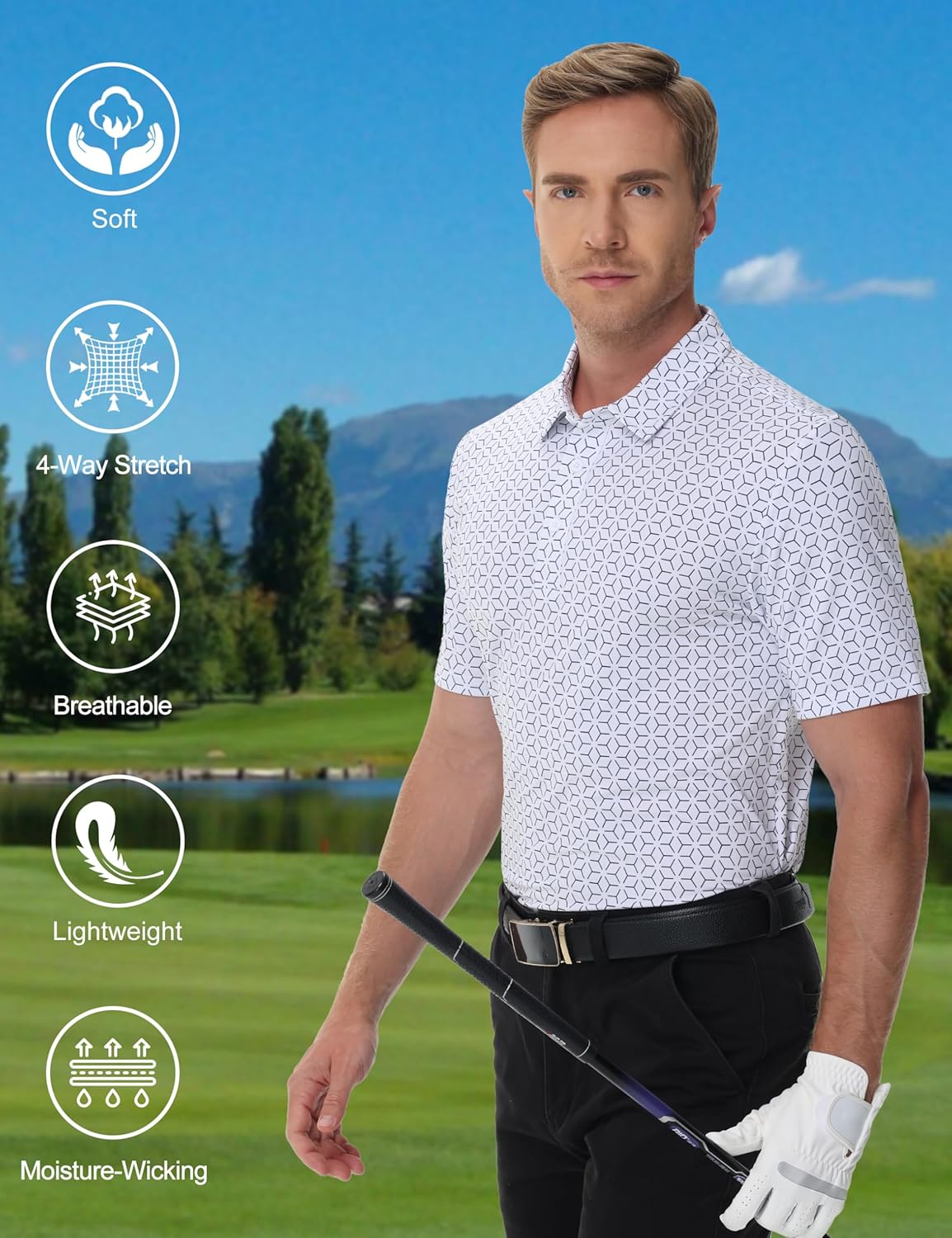 Cotrasen Mens Golf Polo Shirts Short Sleeve Quick-Dry Print Tee Shirt Moisture Wicking Performance Polo Strech Shirts - Image 4