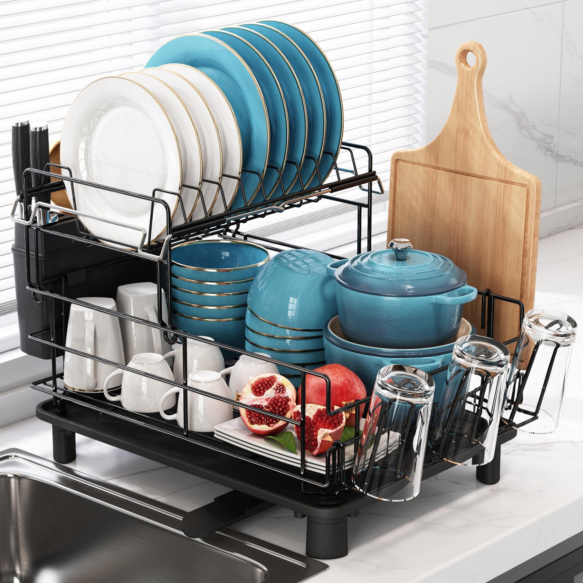MAJALiS Dish Drainer Rack, Stretchable Dish Drainer with Drip Tray, Stainless Steel Dish Rack with Utensil Holder, Swivel Spout, Draining Board for Kitchen Counter, Black
