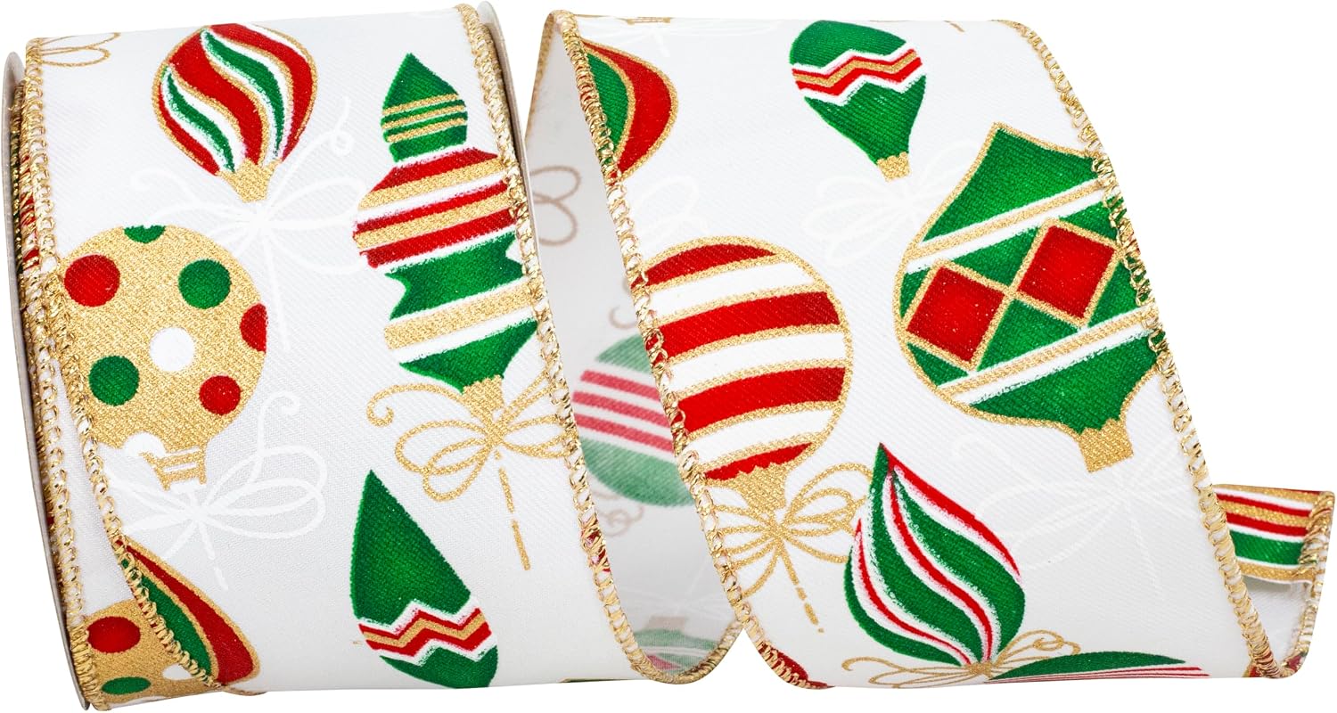 Ribbon - Holiday Ornaments Christmas Color Wired Edge, White, 2-1/2 Inch, 10 Yards