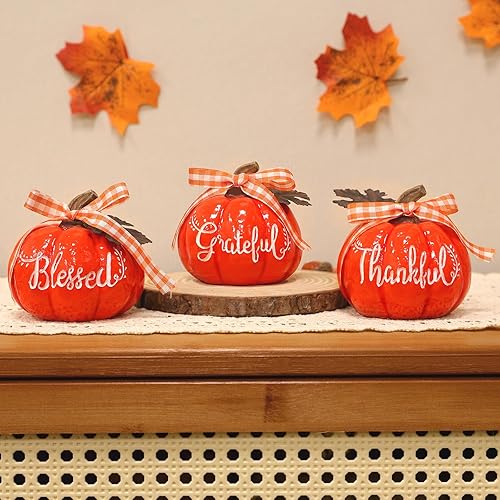 Miniatura 6 de TURNMEON Decoraciones de otoño, juego de 3 calabazas artificiales de resina Thankful Grateful Blesed, centro de mesa de calabaza de otoño para