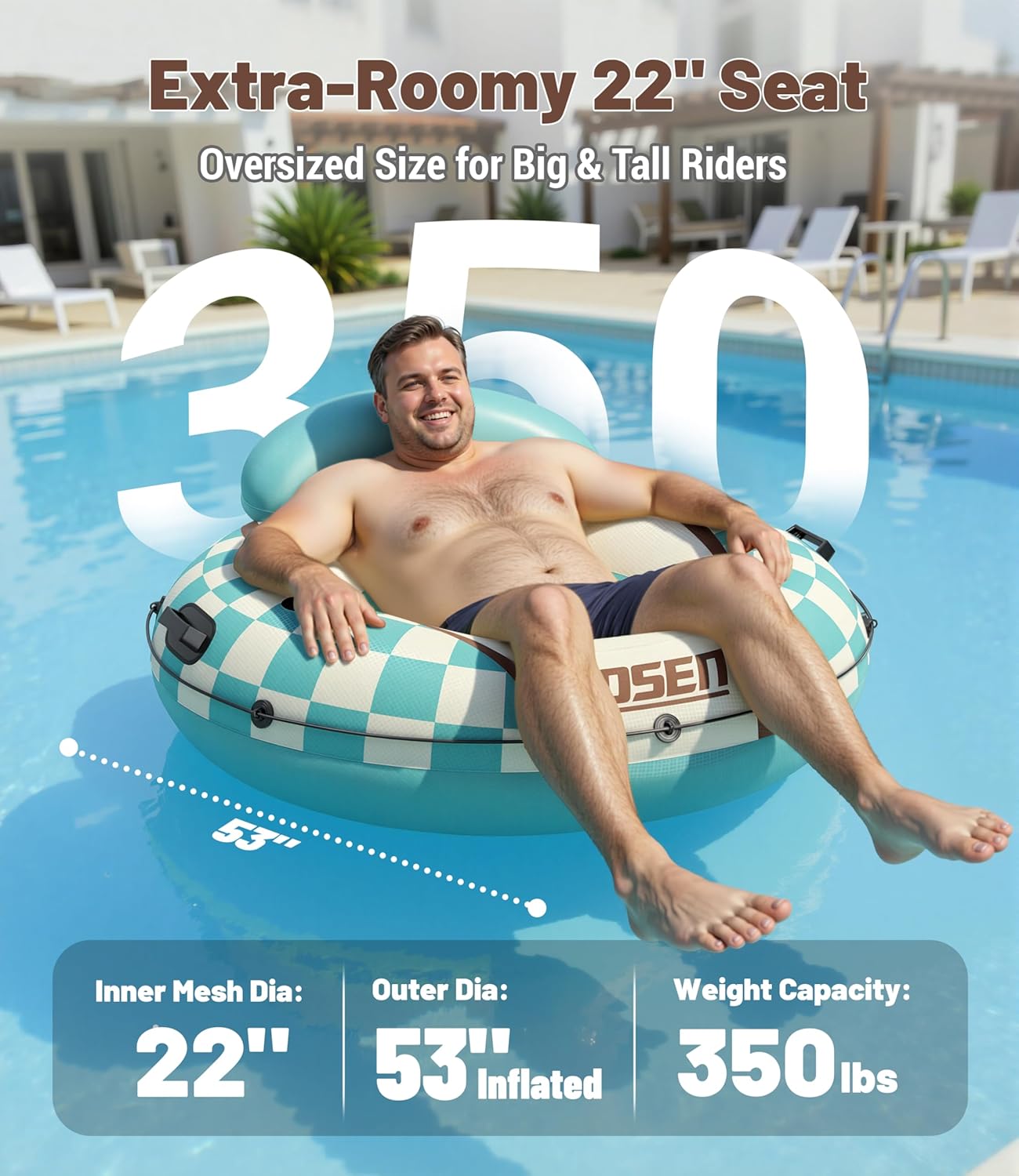 JOSEN River Floats for Adults Heavy Duty 350lb, XL River Tubes for Floating - 53" Large Pool Floats Adult with 2 Cup Holders, Inflatable Floating Tube, River Run Tube Lake Water Tubes