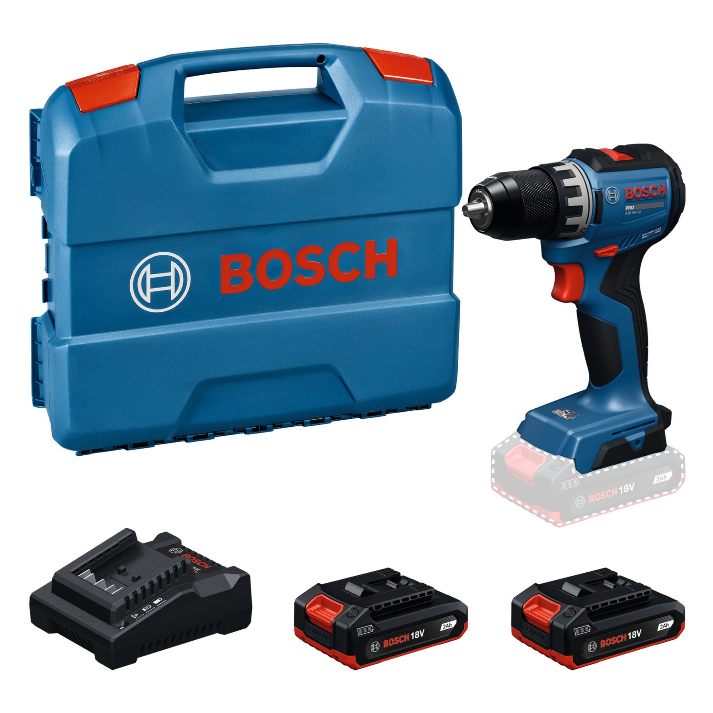 Bosch PRO 18V System Wiertarko-wkrętarka akumulatorowa GSR18V-52 (akumulator GBA 18V 2.0Ah, ładowarka GAL 18V-20, walizka L-Case)