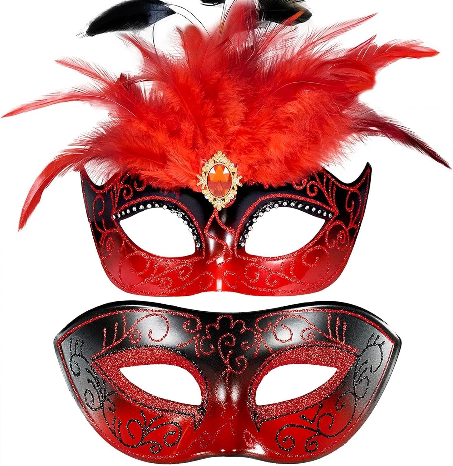 MYSEUNI Masquerade Mask for Couple with Feathers - Womens Feather Carniva Masks & Men Venetian Mask for Halloween, Christmas