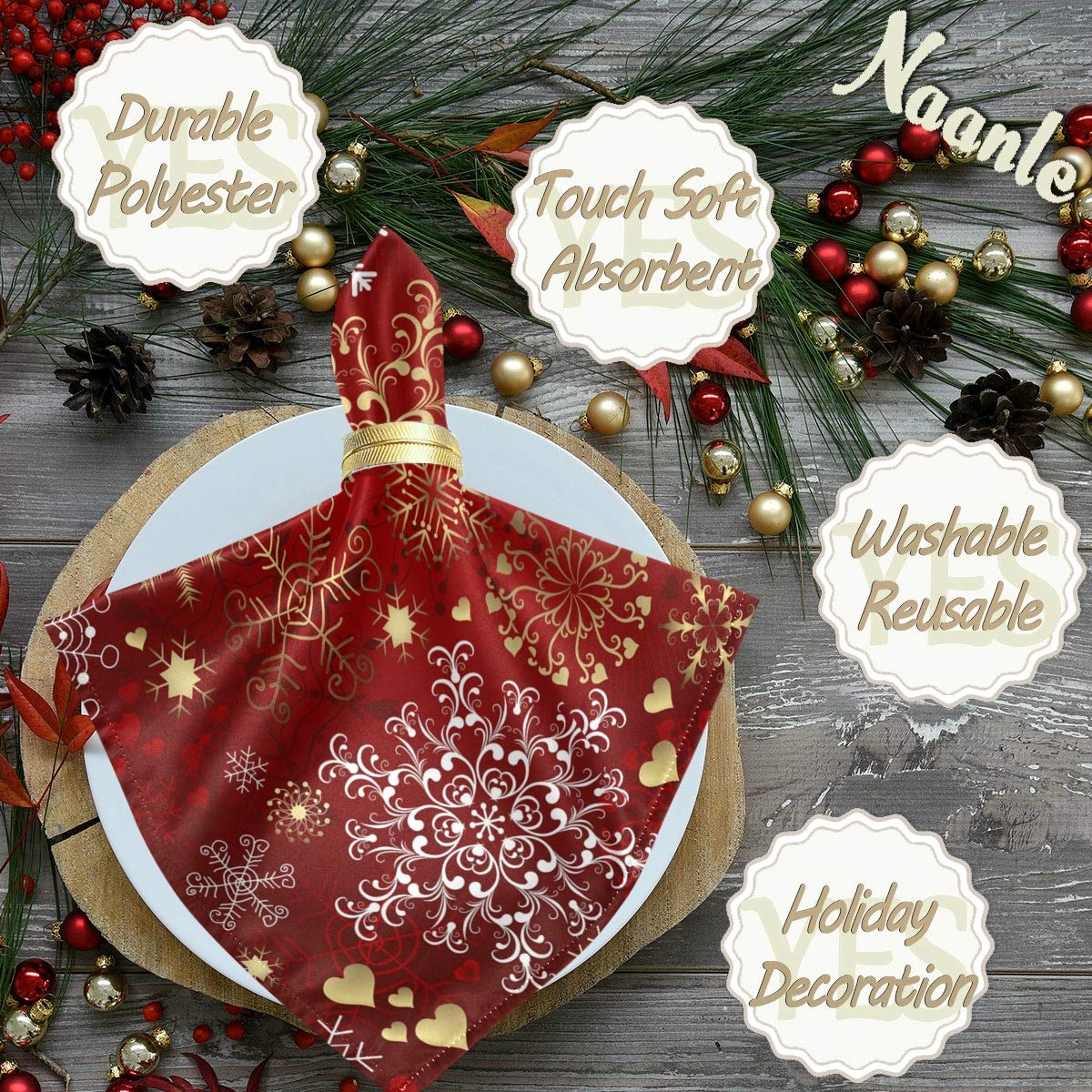 Naanle Christmas Cloth Napkins Dinner Table Napkins Set of 4, Snowflake Solid Washable Reusable Polyester Napkins with Hemmed Edges for Home Holiday Party Wedding Oversized 20 x 20 in