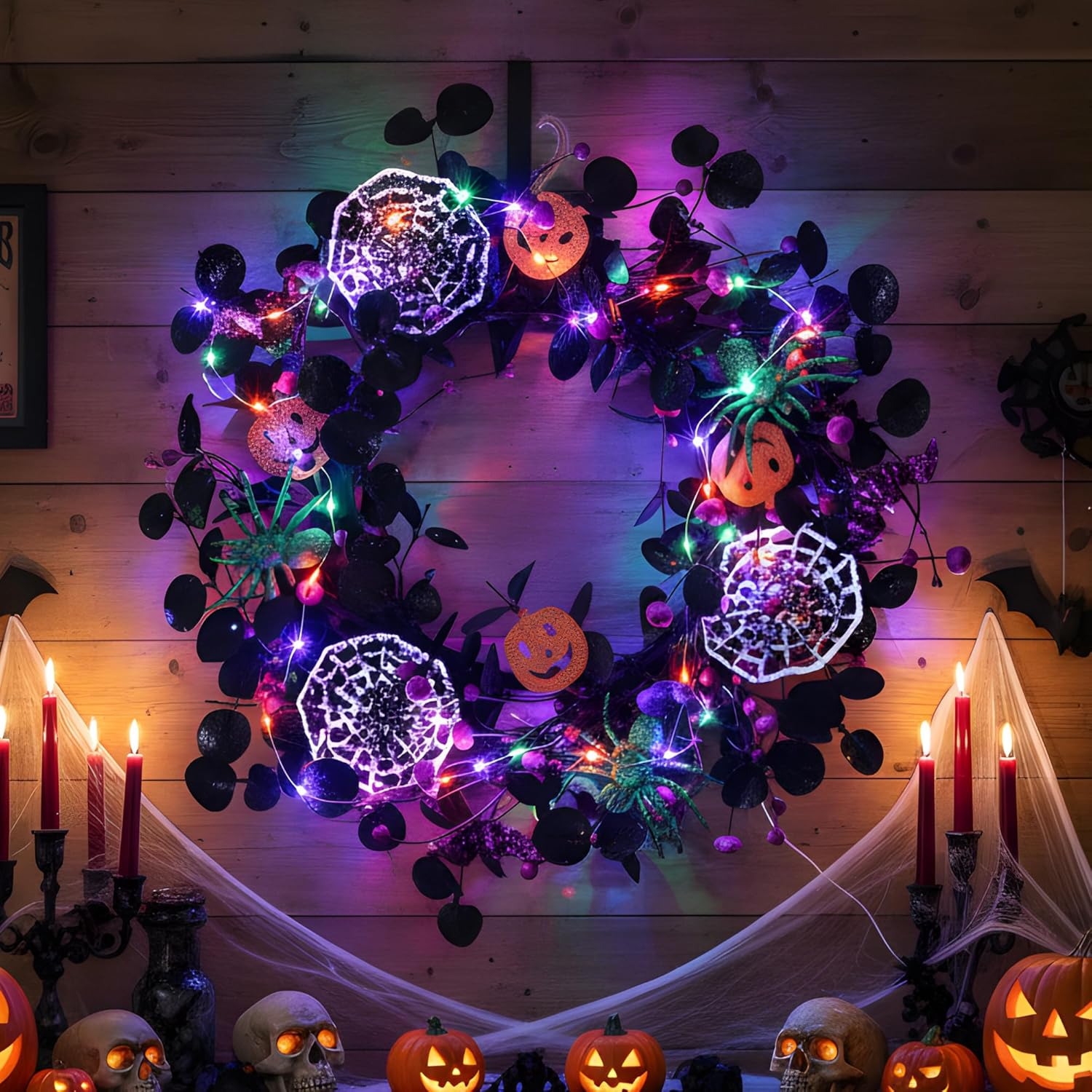 Enhon 16 Inch Halloween Wreath for Front Door with 40 LED Lights, Multicolor Halloween Door Wreath Decorations for Home Porch Table Centerpiece Window Party Holiday Wall Decor(Bright Style)