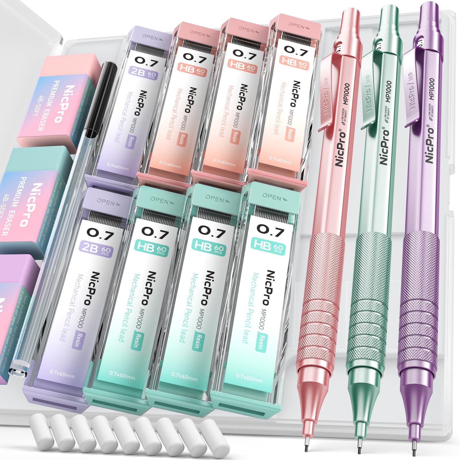 Nicpro 0.7 mm Metal Mechanical Pencil Set, 3PCS MP1000 Artist Lead Pencils With 480PCS HB 2B Lead Refills, Erasers, Pastel Aesthetic Mechanical