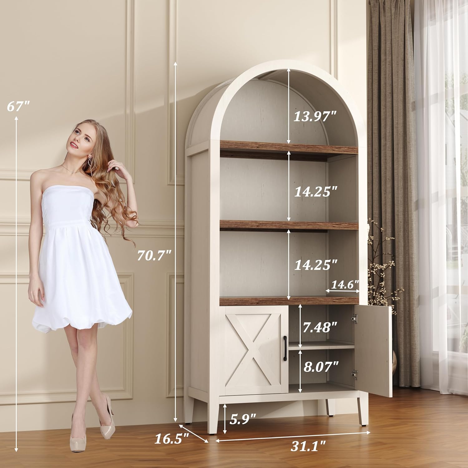 Yusong 71" Tall Arched Bookcase, 5-Tier Arched Bookshelf, Arch Cabinet Display Cabinet with Doors and Adjustable Shelf, Modern Farmhouse Kitchen Pantry for Living Room Bedroom, White