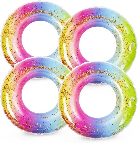 Whaline 4 flotadores inflables para piscina, juguetes de natación, tubos de natación, anillos de arco iris con purpurina, tubo de piscina para niños