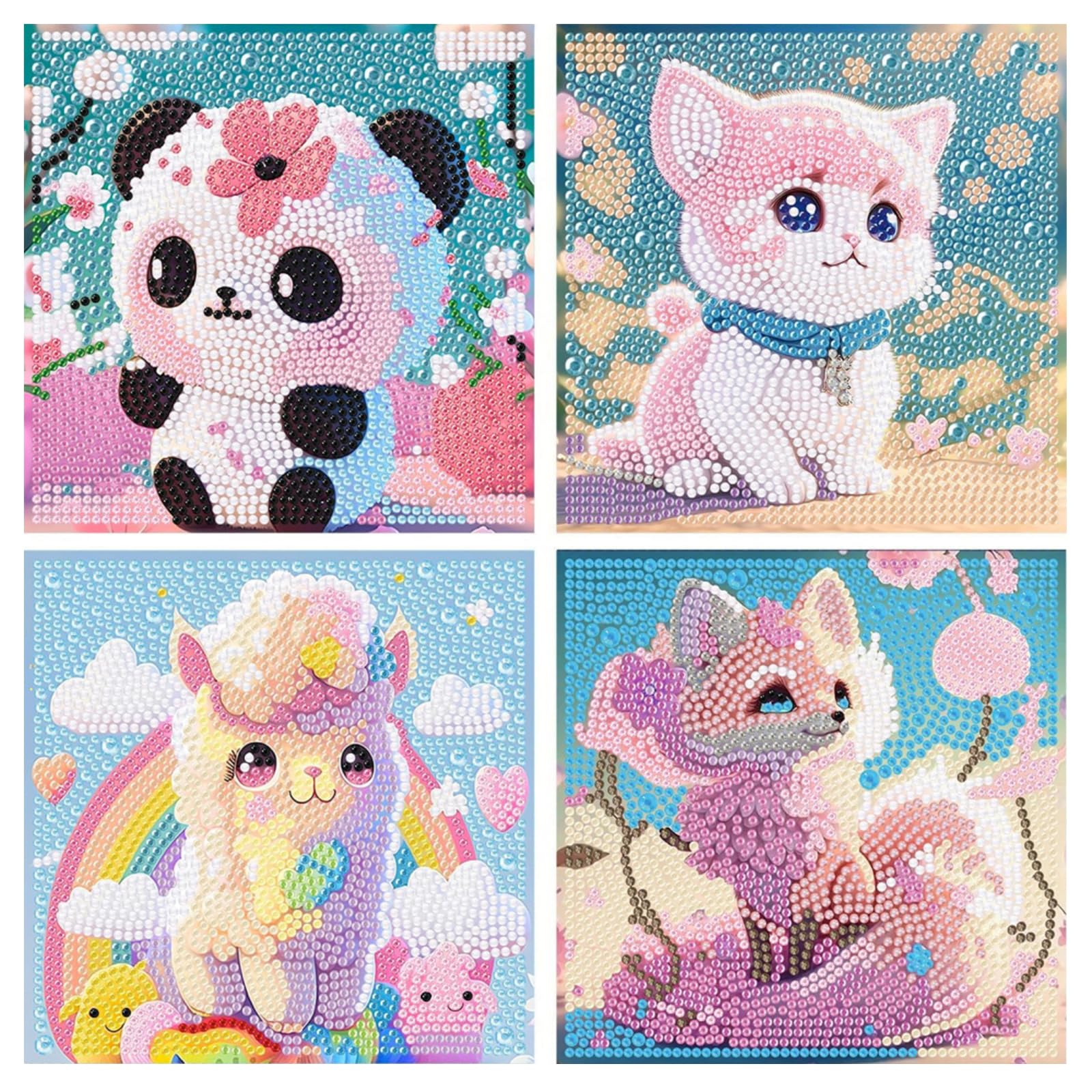 4 Piezas Diamond Painting Kit, DIY Completo Pintura Diamantes Animales, 5D Diamond Painting Niños Kit para Decoración De La Pared Del Hogar Niños y Adultos Principiantes Regalo (15x15cm)