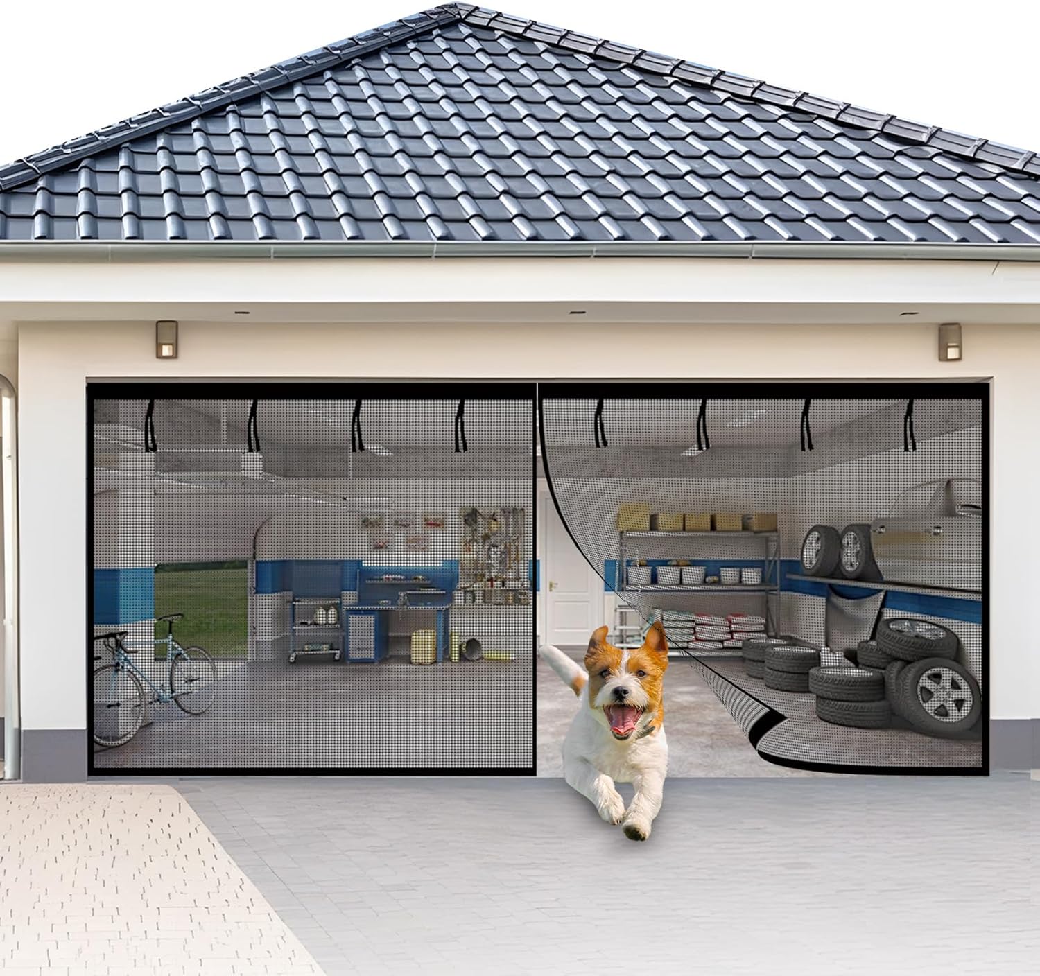 Fiberglass Garage Screen Door Size: 16.3X7.15FT, Heavy Duty Fiberglass Magnetic Garage Door Screen for 2-Car Garages, Hands-Free Door Curtain with 8 Roll-Up Straps
