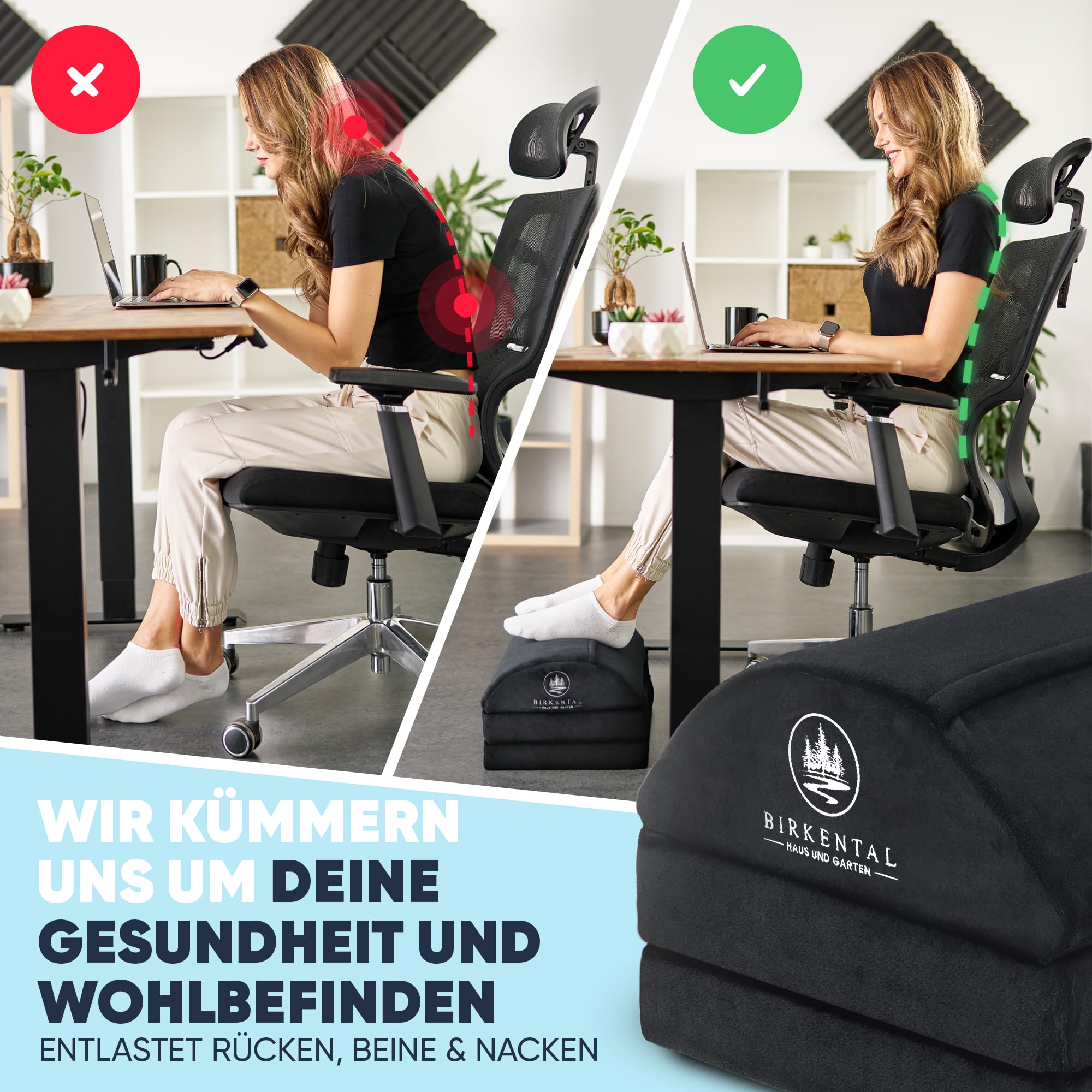 Birkental Fußstütze Schreibtisch – (TESTSIEGER) 3 Fach höhenverstellbar mit flauschiger Fußtasche-Ergonomisch höhenverstellbare, rutschfeste Fußablage–Büro und Schreibtisch Zubehör-Fußbank Fußhocker
