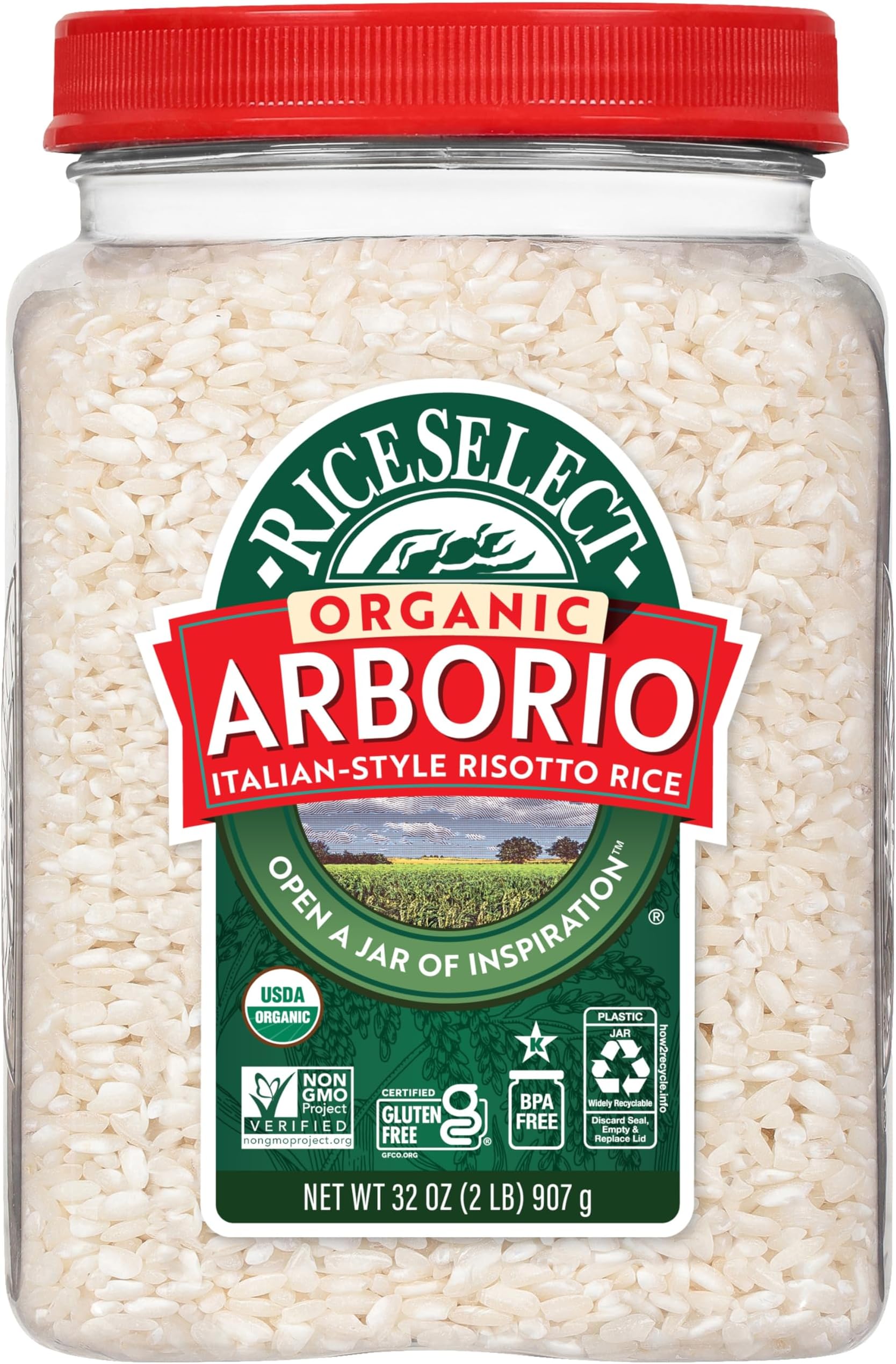 RiceSelect Arborio Rice, Premium Short Grain Italian Risotto Rice, Gluten-Free, Non-GMO, Kosher, 32oz Jar (Pack of 1)