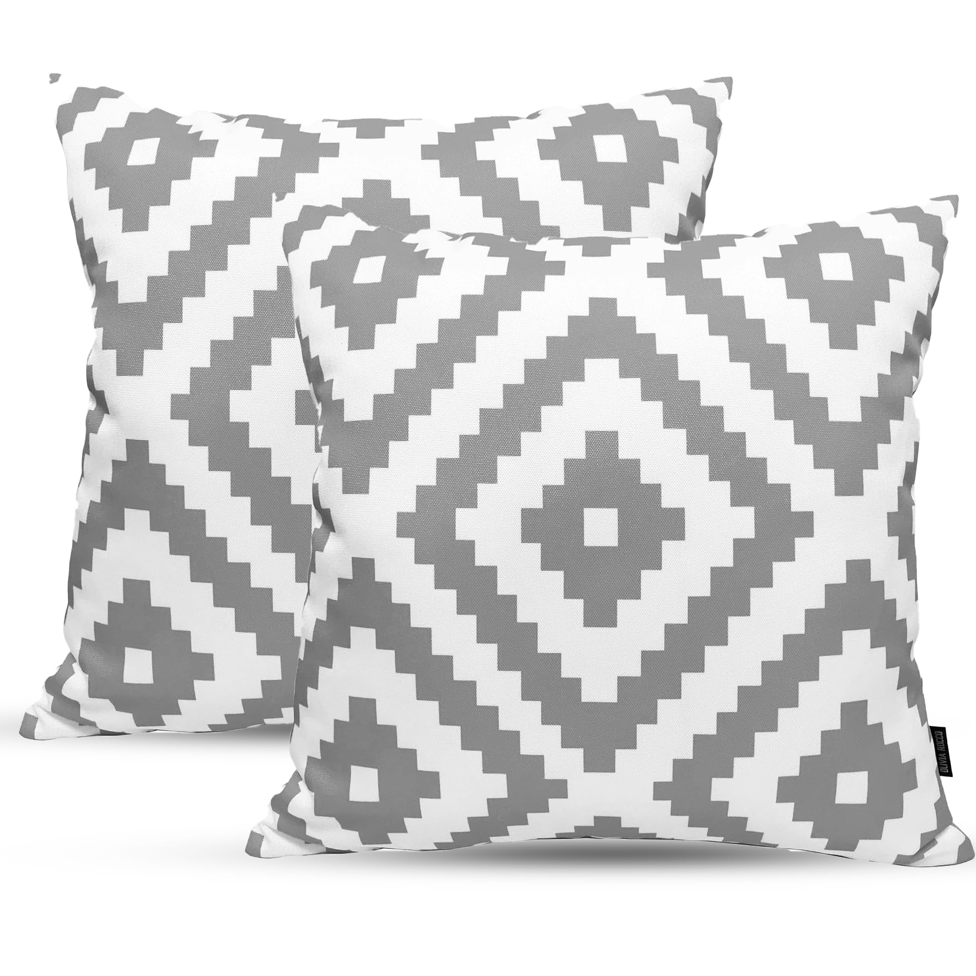 Poshliving Geo Silver 2 Pack Outdoor Cushions Waterproof Filled 45X45cm With Invisible Zippered Outdoor Garden Cushions Waterproof 18"X18" With Cushion Covers & Pillow For Living Room Garden Sofa (Geo Silver)