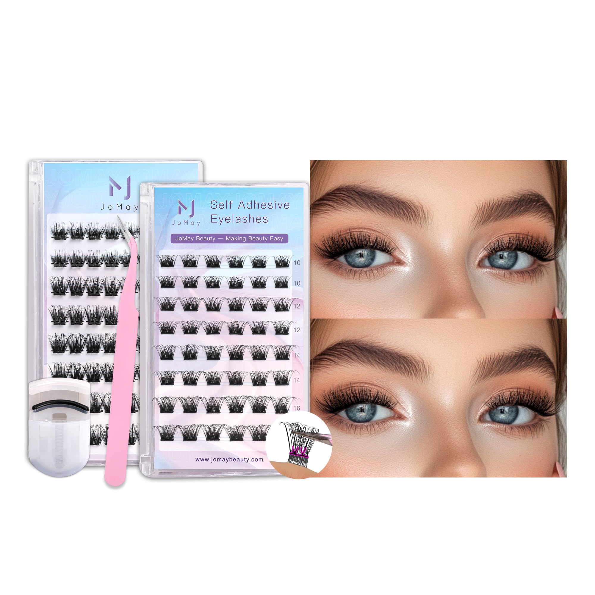 JoMay Self Adhesive Eyelashes, Press on Lashes No Glue Needed, Glueless Lashes Pre-Glued Natural Cluster Extension Kit D Curl For Beginners, No Sticky