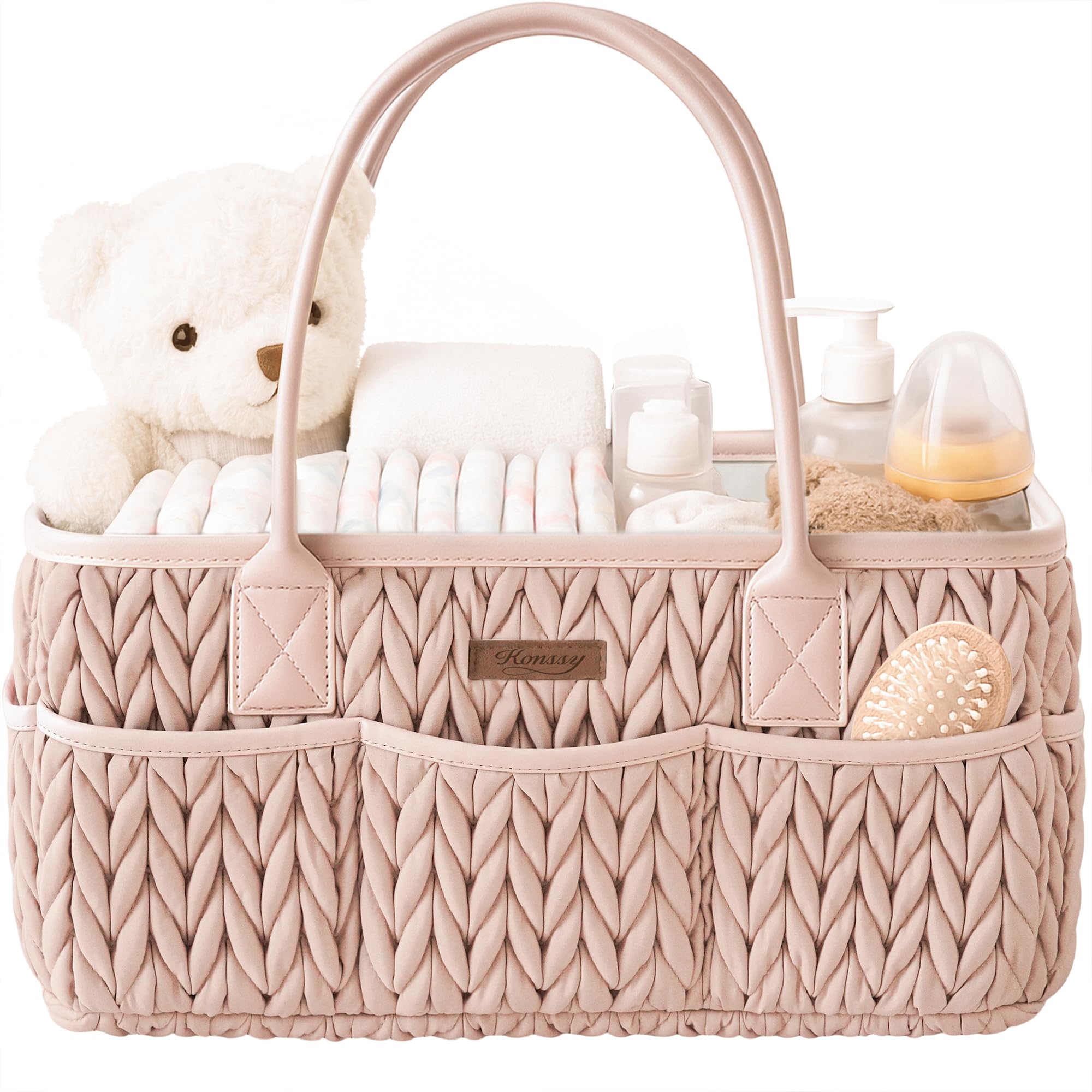 Konssy Braided Quilted Diaper Caddy Organizer, Boho Nursery Storage Basket with PU Leather Handles, Water-Repellent Portable Diaper Basket for Changing Table, Newborn Essentials (Blush) - 2