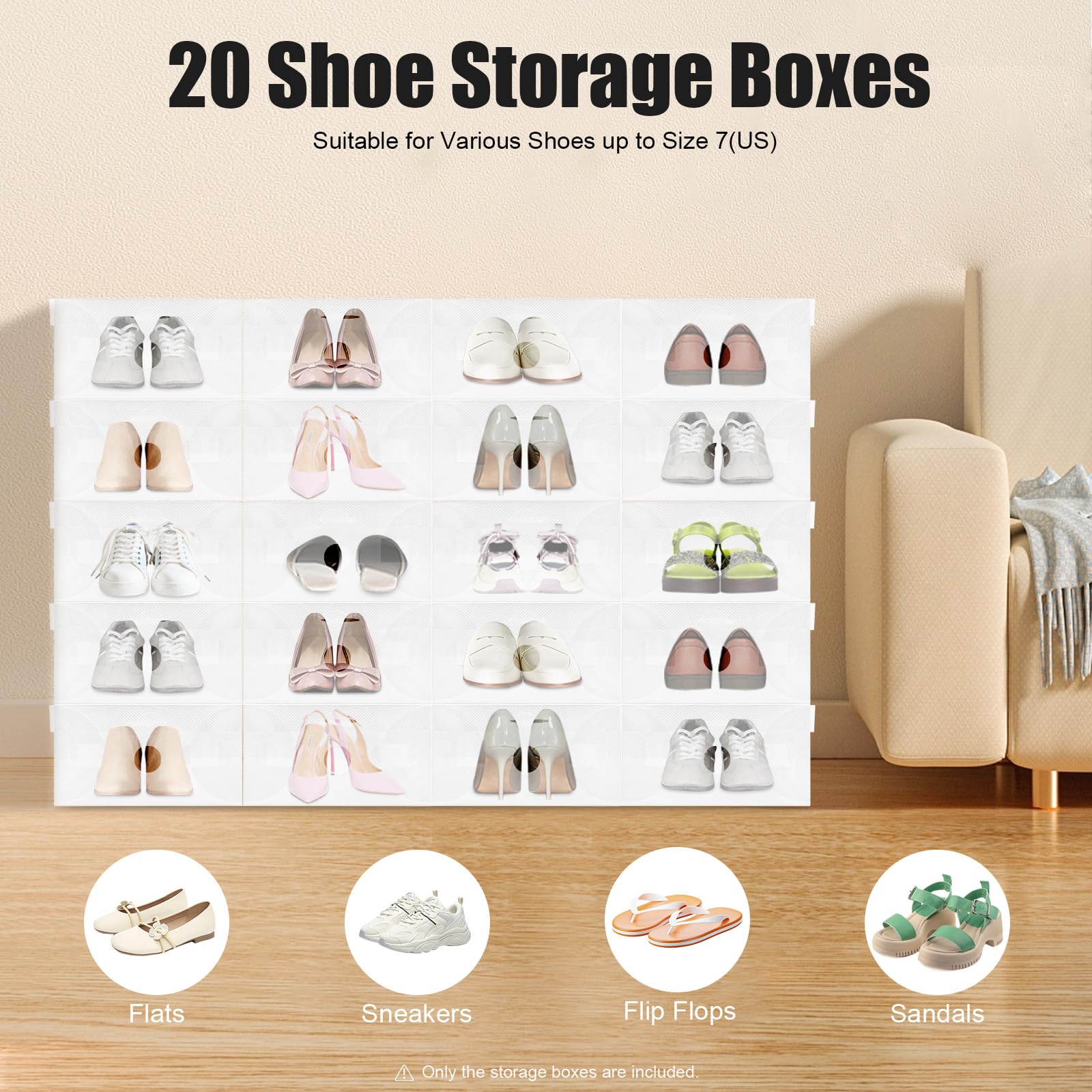 Scatole per scarpe impilabili, trasparenti, 20 pezzi, in plastica con coperchio, 28 x 18 x 10 cm, con fori di ventilazione