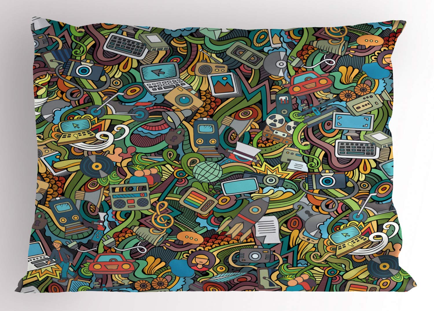 ABAKUHAUS Hipster Pillow Sham, Social MediDevices, Decorative Standard Queen Size Printed Pillowcase, 30" X 20", Multicolor