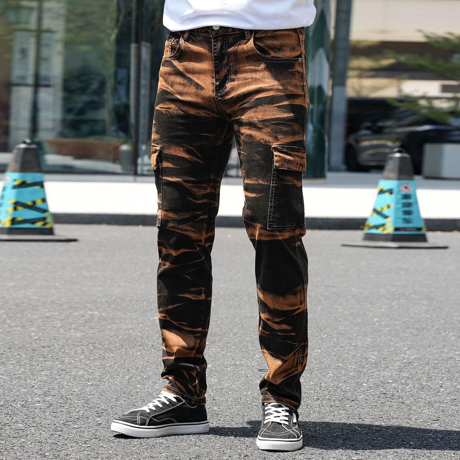Generisch Pantalones cargo para hombre Slim Fit: pantalones de chándal con muchos bolsillos pantalones deportivos con puños pantalones de exterior elásticos pantalones de ocio con impresión pantalones