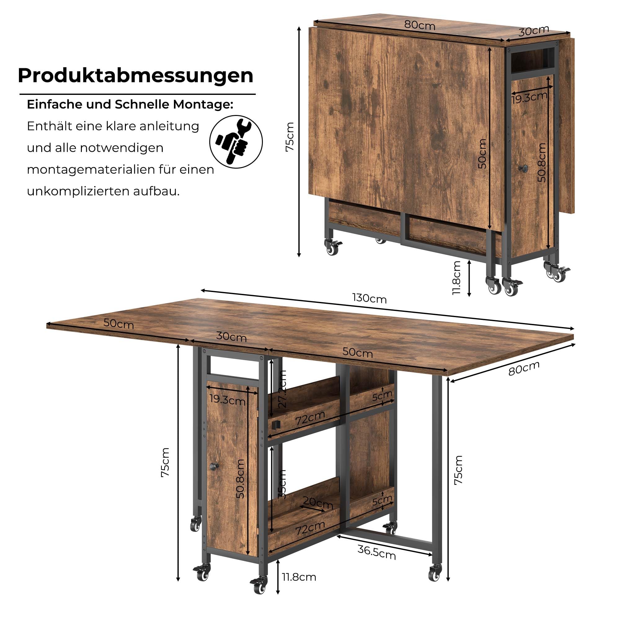 HSH Klappbarer Esstisch Klapptisch Küche Mit Stauraum für Küche Küchentisch Klappbar mit 2 Regalen und Rollen Mobiler Tish Platzsparender für Wohnzimmer Wohnung Rustikales Braun 130cm