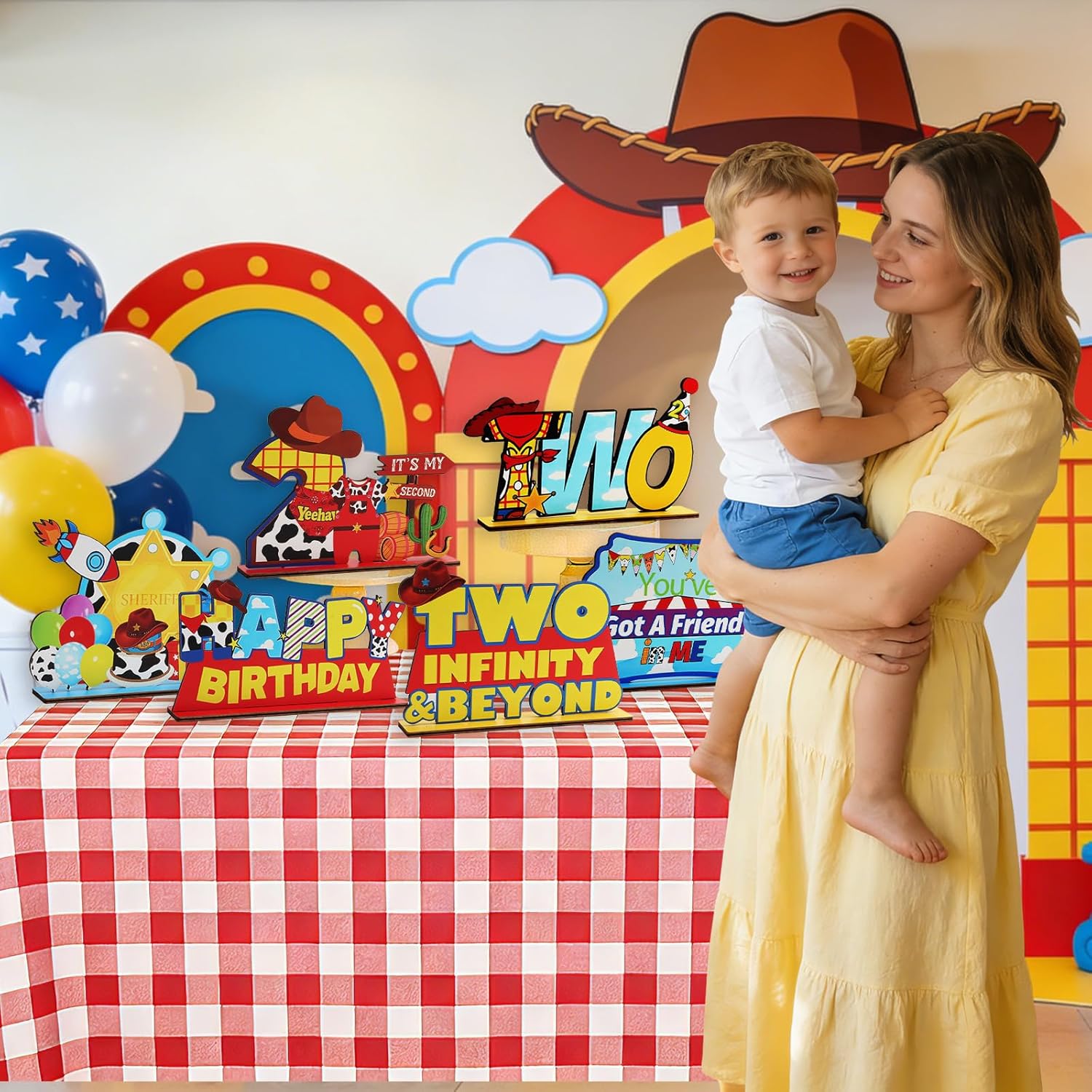6pcs Two Infinity and Beyond Wooden Table Centerpieces for 2nd Birthday Party Decorations Cartoon Toy Blue Sky Clouds Table Centerpieces for Boys Two Birthday Cowboy Story Table Topper Sign Decors