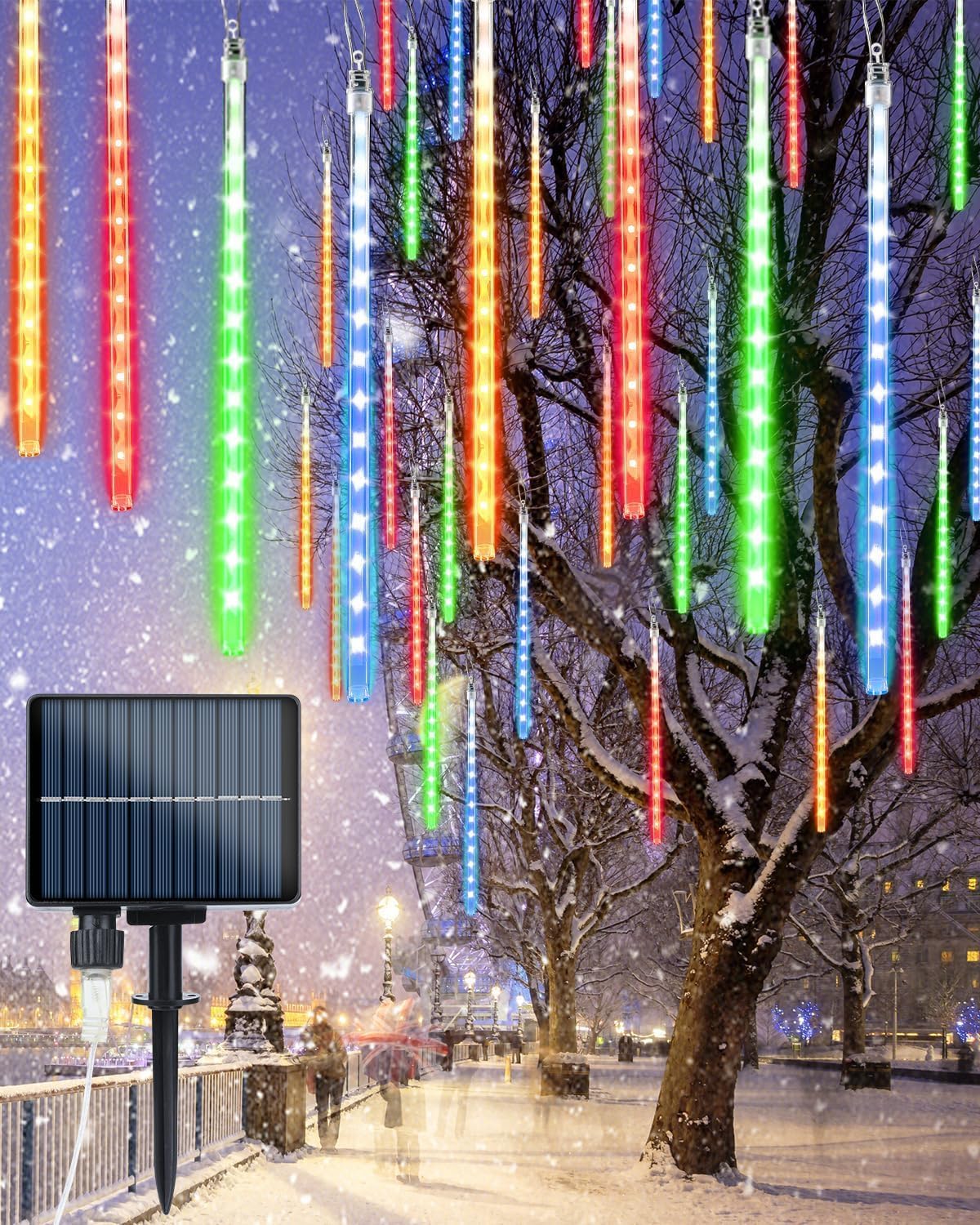 Flacchi Solar Meteor Shower Icicle Lights - 20 Tubes 480 LED Cascading Raindrop Lights, Outdoor Waterproof Christmas Decorations for Holiday Party(4 in 1 Multi-Colored, Solar 20 Tubes) 4 in 1 Multi-colored Solar 20 Tubes
