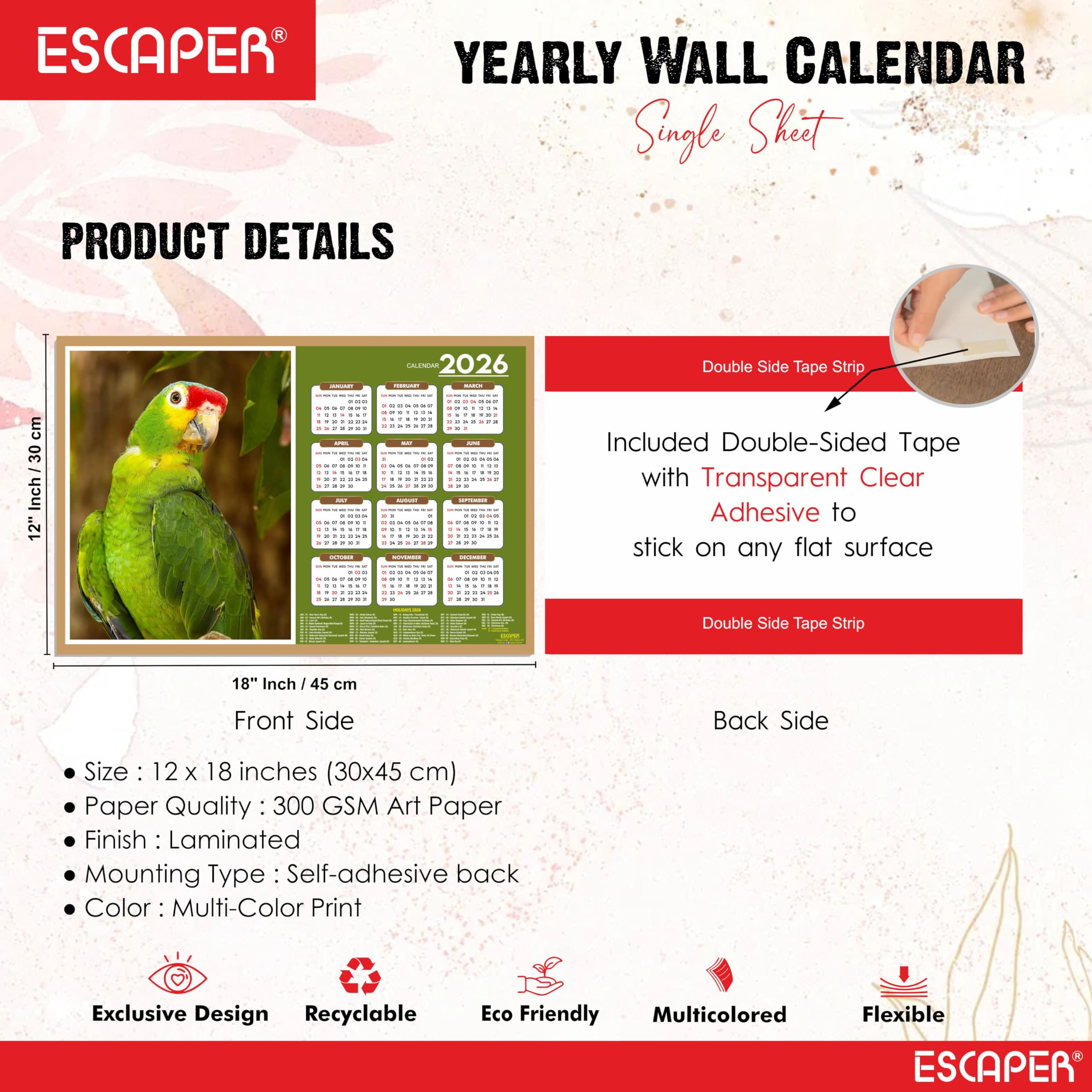 ESCAPER Calendario de pared 2026 con temática de pájaros lindos, 45 x 30 cm, loros verdes, decoración de habitación infantil, calendario colgante para el hogar y regalo