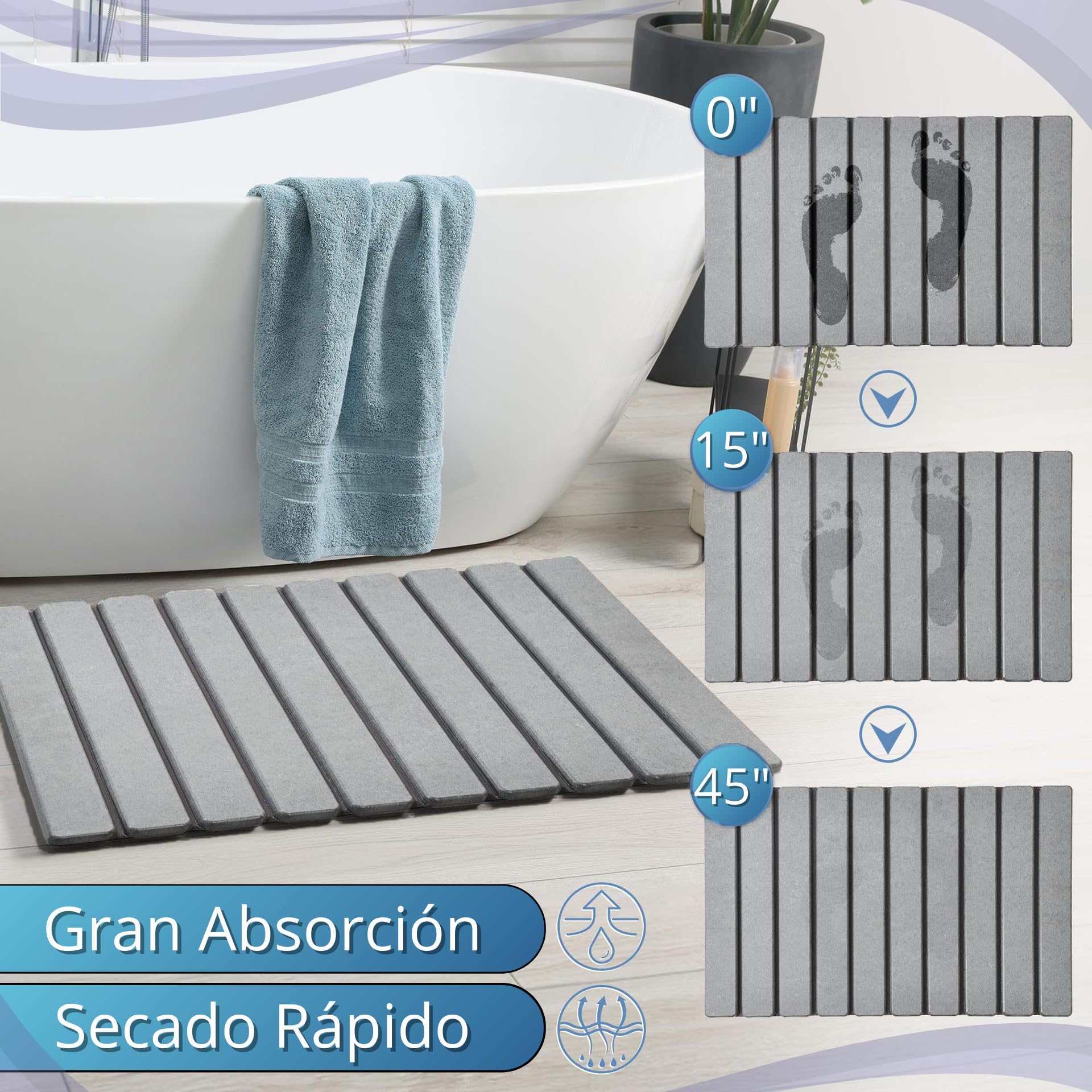 Tapis de douche en diatomite de bain, 60 x 40 cm, pliable, en pierre naturelle Terre de diatomée antidérapante, séchage rapide, ultra absorbant, antibactérien (gris clair)