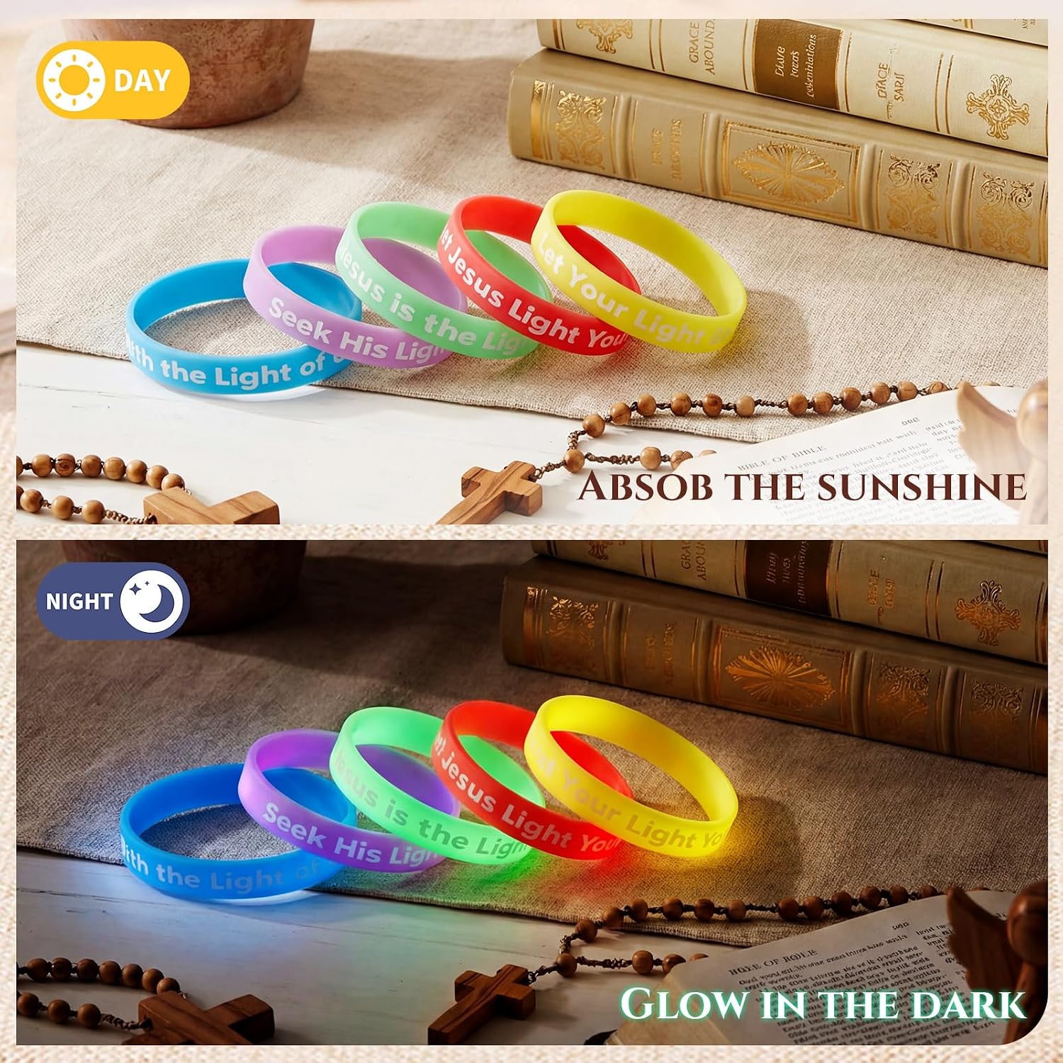 Seematn 50 Pcs Bible Verse Bracelets Vbs 2026 Religious Bracelets Bulk Christian Gift Glow in the Dark Wristbands with Scripture Faith Silicone Wristbands for Kids Adults(Mixed Text,Colorful)