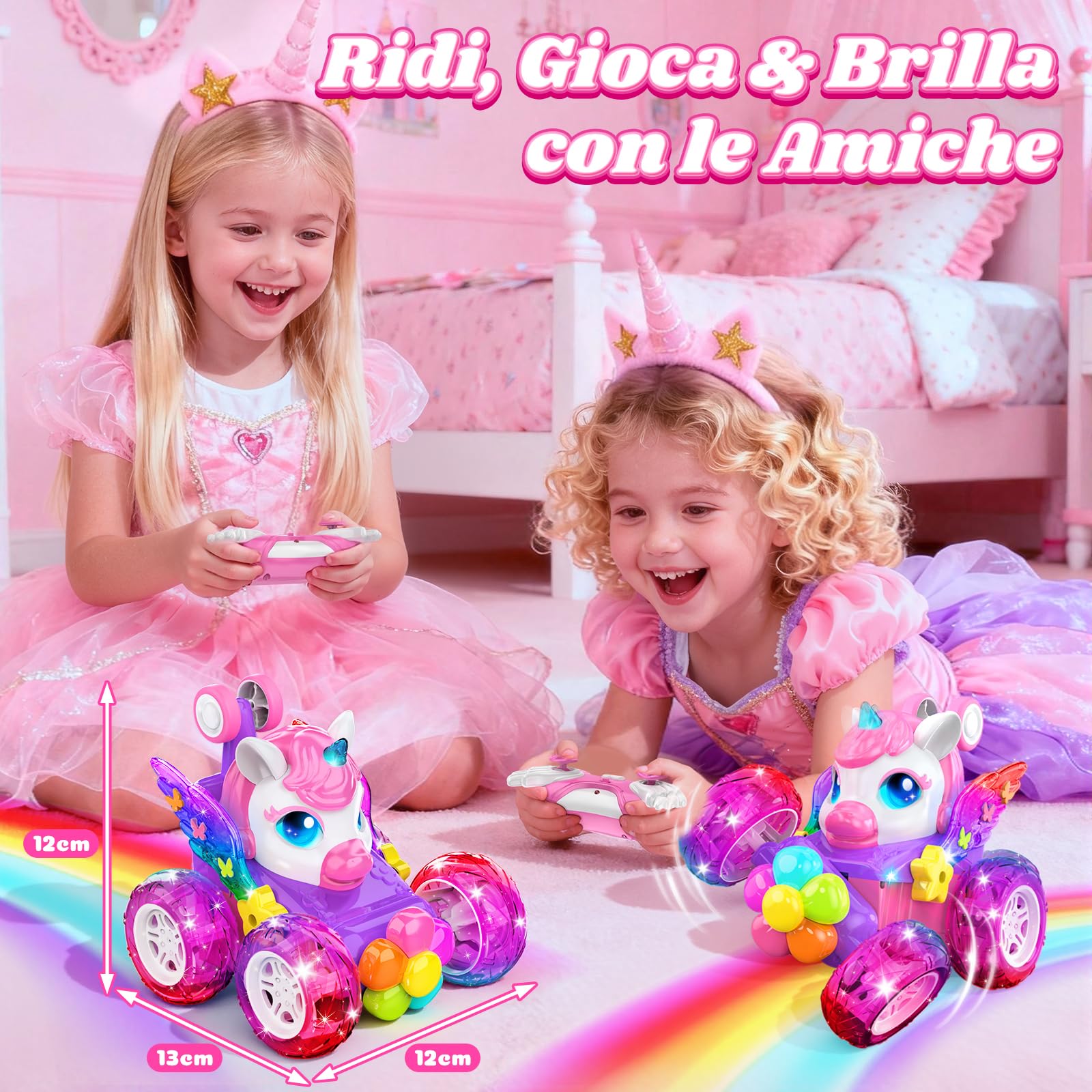 Unicorno Macchina Telecomandata Bambini 2,4GHz RC Car con Luce & Flip 360°, Regalo Bambina Giochi Bambini 3-12 Anni, Gioco Bambina Giocattoli Bimba 4 5 6 7 8 9 10 Anni Femmina Natale Compleanno Regali