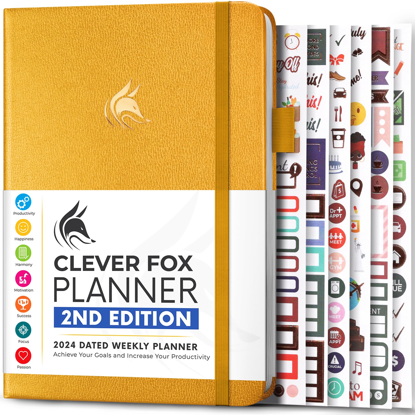Clever FoxPlanner 2nd Edition Dated Jan 2025-Jan 2026 – Colorful Weekly & Monthly Goal Setting Planner, Habit Trackers, Time Management and Productivity Organizer, Gratitude Journal, A5 (Amber