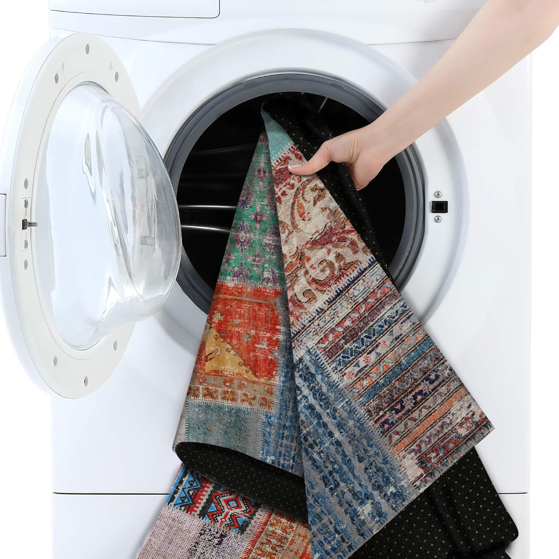 bamyum Denise Bedruckter Teppich Chenille-Druck Maschinell Hergestellt 120 x 180 cm, Waschbarer Patchwork Teppich, Vintage Schlafzimmer, Antibakteriell Antirutschunterlage Küchenteppich