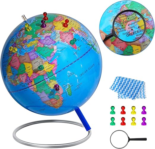9" World Globe for kids Learning, Classroom Desk, Geographic Globe with iron Stand & colorful Magnetic Push Pins & magnifier & handkerchief, 360° Horizontal Rotation Educational World Globe, Blue