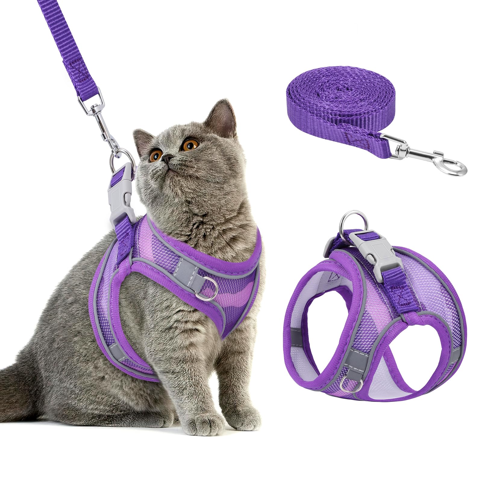 Brifit Katzengeschirr Ausbruchsicher, Katzengeschirr Katzenleine Geschirr für Katzen, Verstellbar Katze Brustgeschirr mit Reflektierend Streifen & Atmungsaktiv Netzgewebe [Lila XXS] Gewicht: 1.5-2.5kg