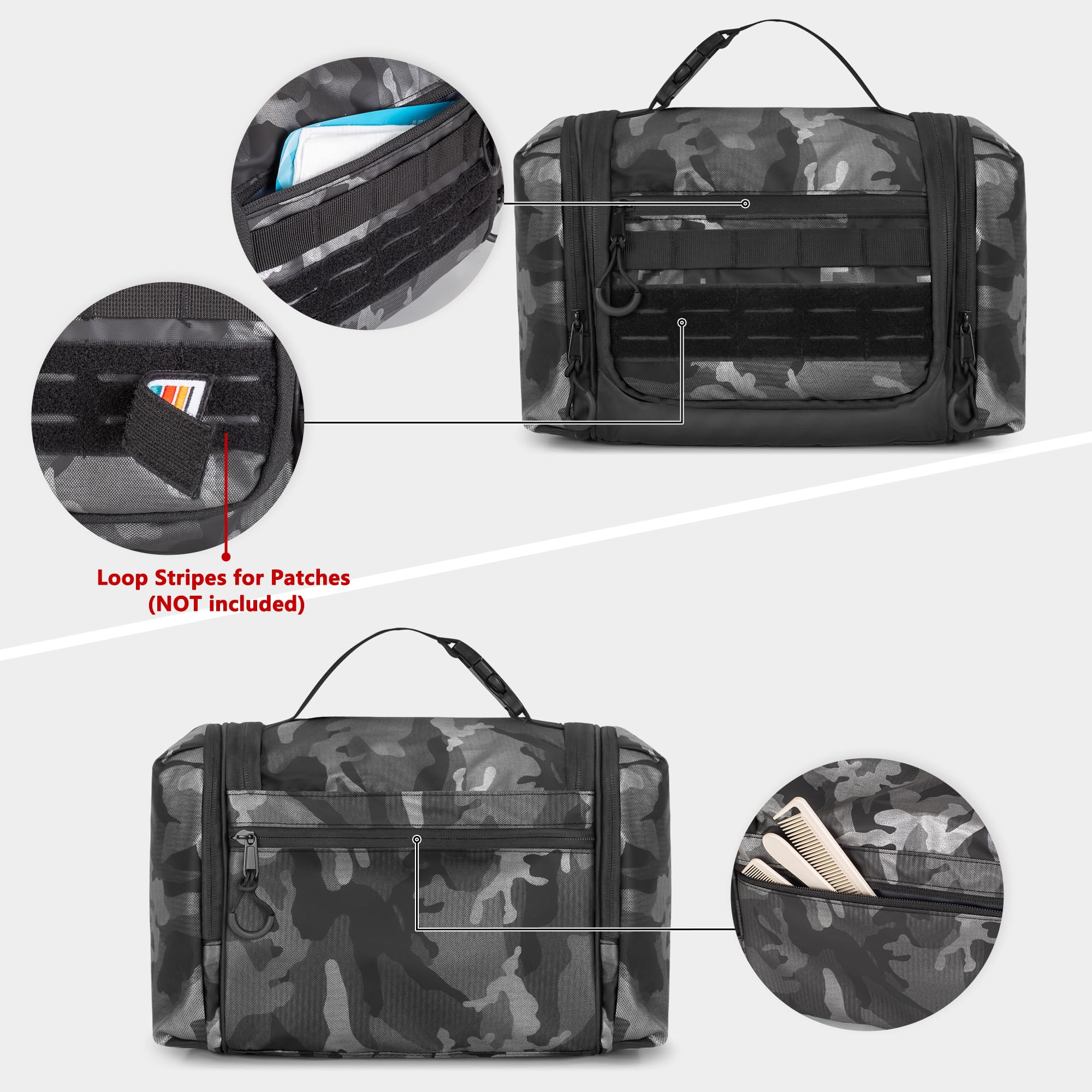 Neceser colgante para hombre, kit táctico de viaje, organizador de higiene grande, bolsa de ducha para acampar al aire libre, Camo Negro