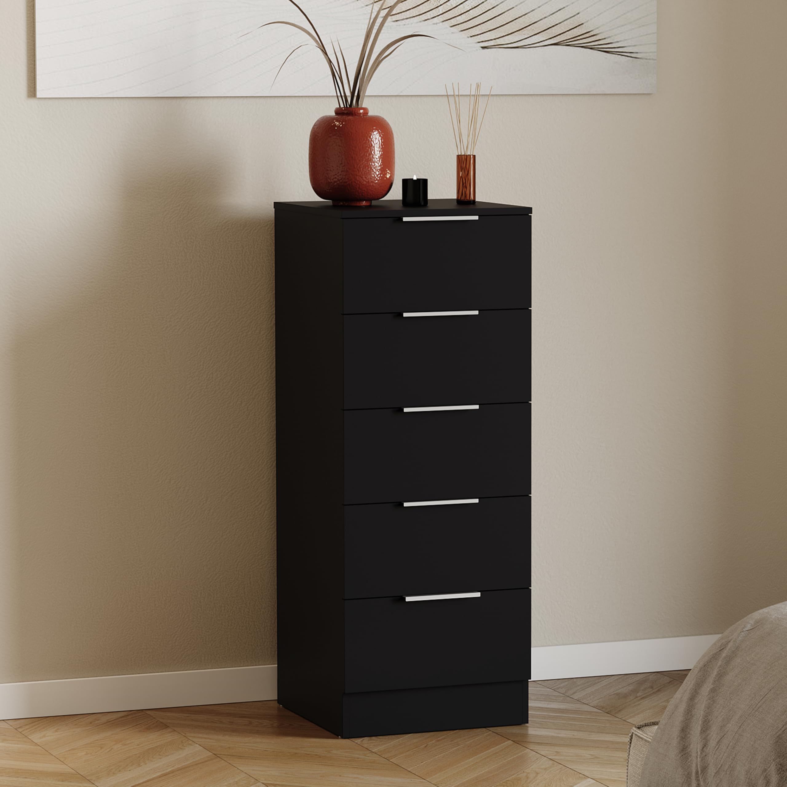 Vida Designs Trega Kommode mit 5 Schubladen | Schwarz | 90 H x 34,5 B x 36 T cm | Schmal | Platzsparende Stauraumeinheit | Schubladenstütze gegen Durchbiegen | Leichtgängige Schubladenführungen