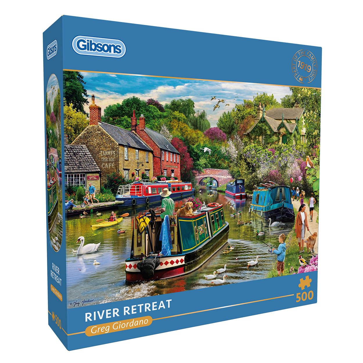 Gibsons River Retreat 500 Piece Jigsaw Puzzle Beautiful Colourful Artwork Canal Boats Nostalgic Sustainable Jigsaw Puzzle for Adults Teens Premium 100% Recycled Board Great Gift | Gibsons Games