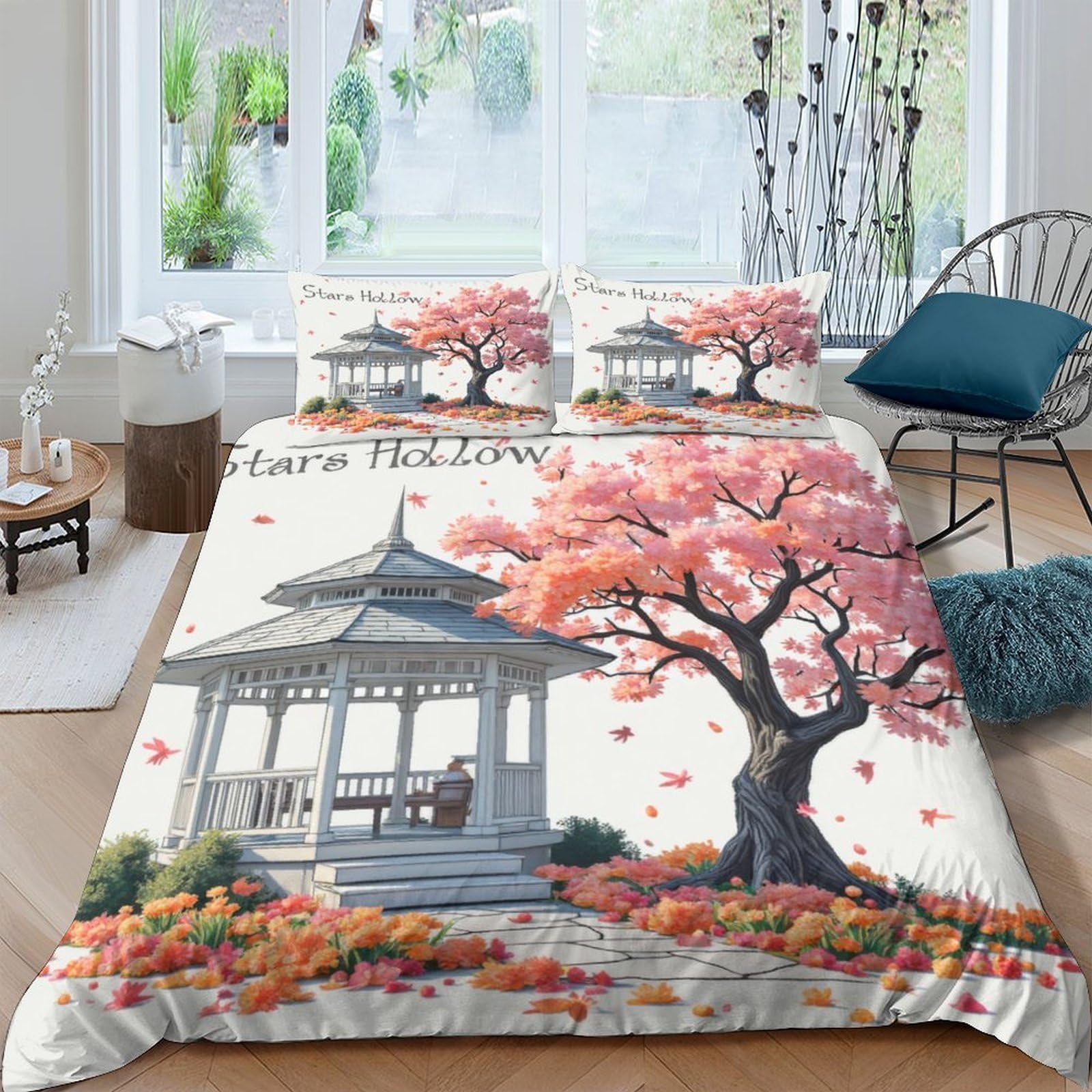 Ctjqhvkz Style-9 3D Printed Sakura Garden Fitted Sheet Microfiber Soft Floral Pavilion Bed Cover For Bedroom Guest Room Decor Single（135X200cm）