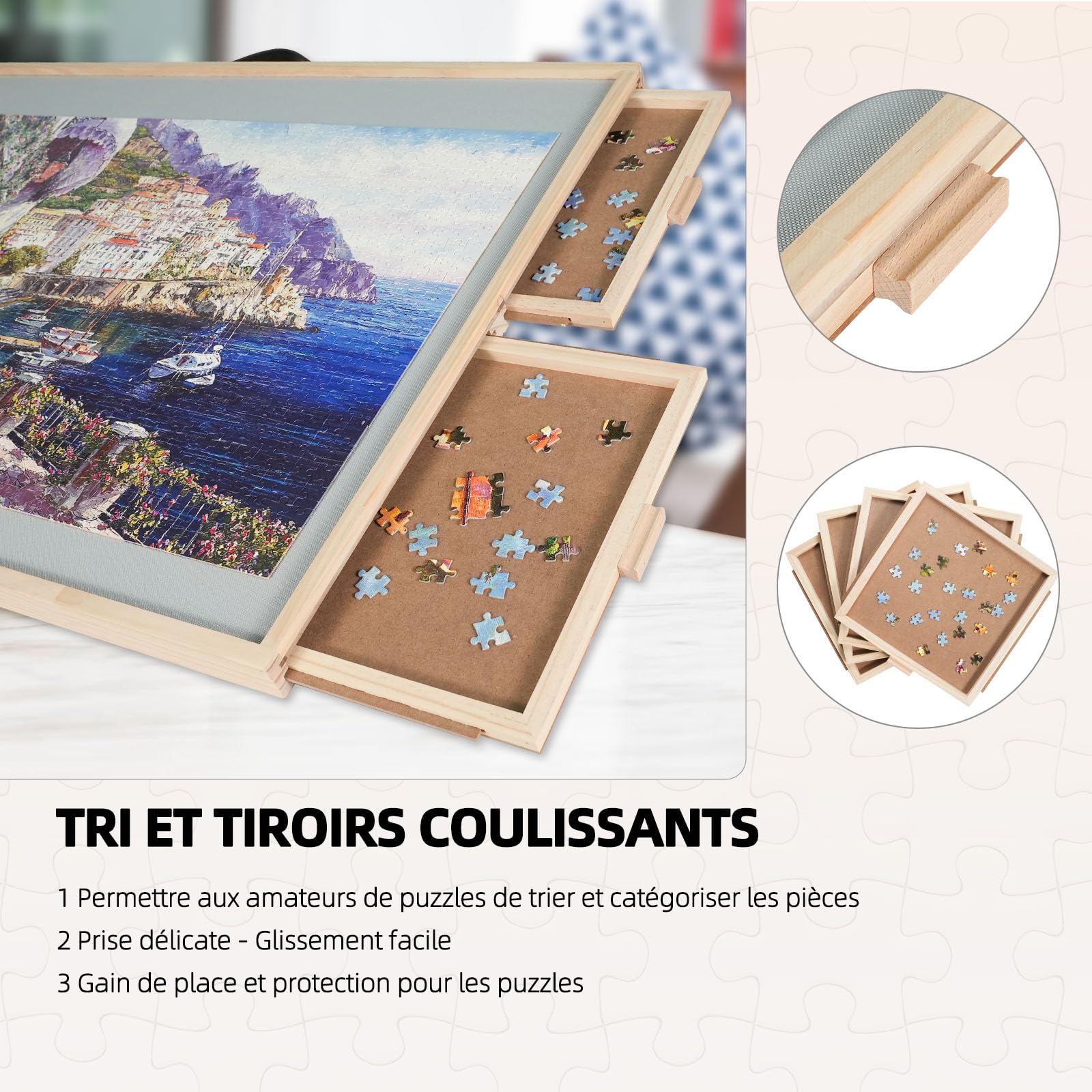 2000 Teile 2-in-1 Neigbares & Drehbares Puzzle-Brett für Erwachsene, Holz-Puzzleschreibtisch mit 4 Schubladen 102 x 72,4 cm, Tragbares Brett mit Lazy Susan und Abdeckung