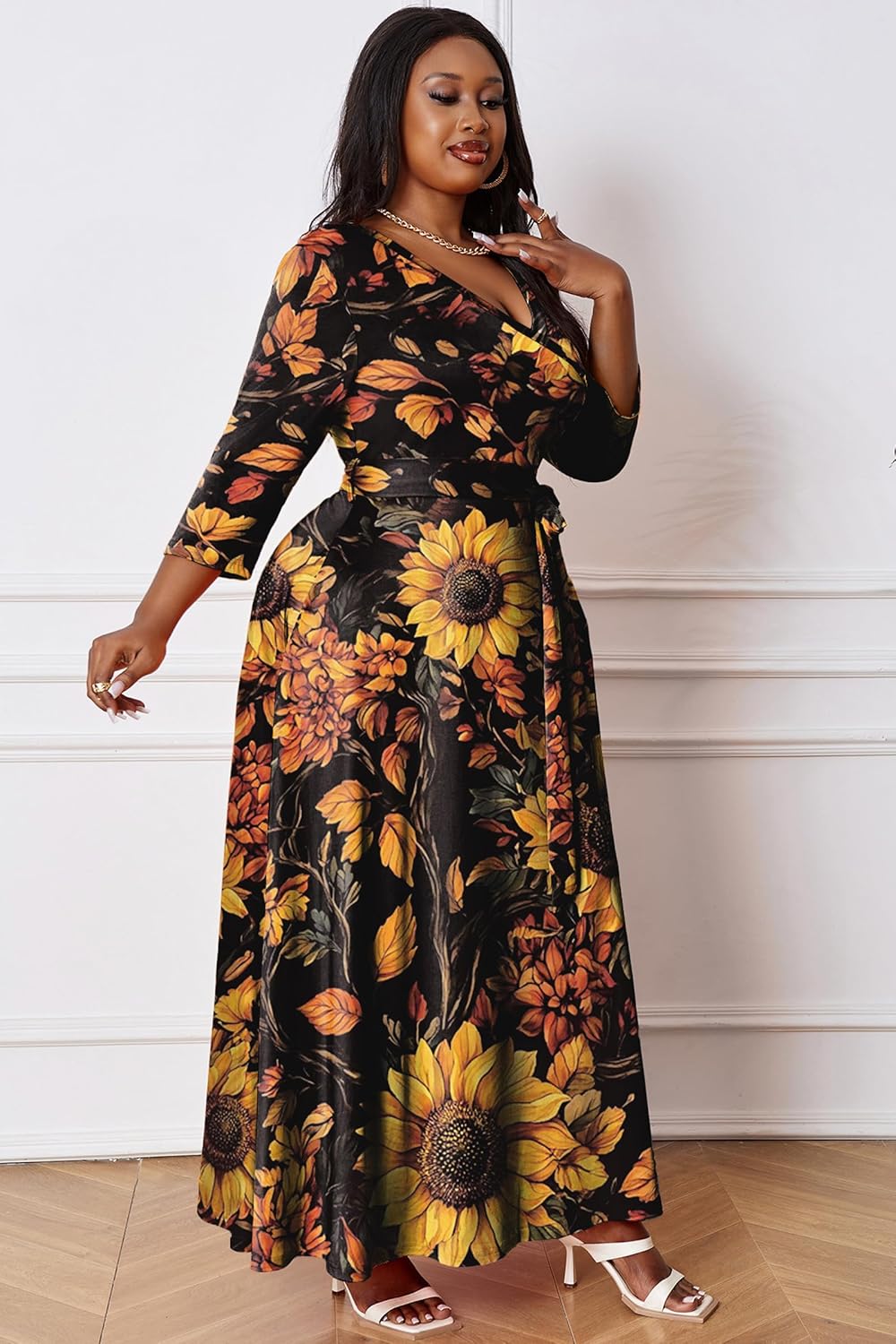 FANDEE Plus Size Maxi Dress for Women Summer, Casual 3/4 Sleeve V Neck Floral Flowy Long Dresses with Belt Pockets, XL- 5XL - Image 5