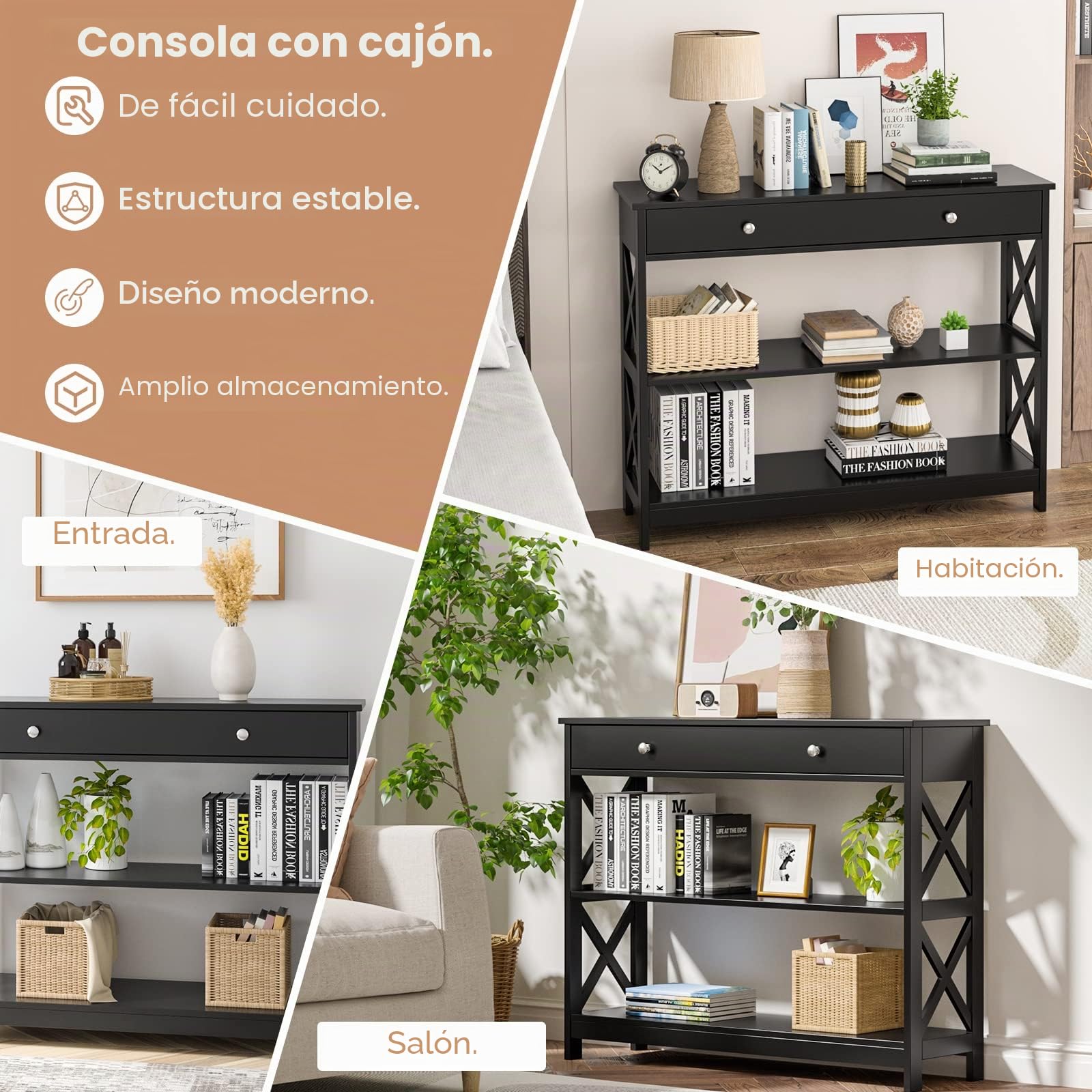 GIANTEX Mesa de Consola de 3 Niveles con Cajón y 2 Estantes Abiertos, Mesa de Entrada con Kit Antivuelco, 100 x 30 x 80 cm, Estantería de Almacenamiento para Salón, Pasillo (Negro)