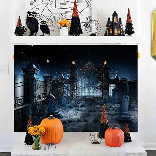Miniatura 6 de Telón de fondo de cementerio de Halloween de 7 x 5 pies, escena nocturna espeluznante, diseño de lápidas de cementerio espeluznante, fondo para