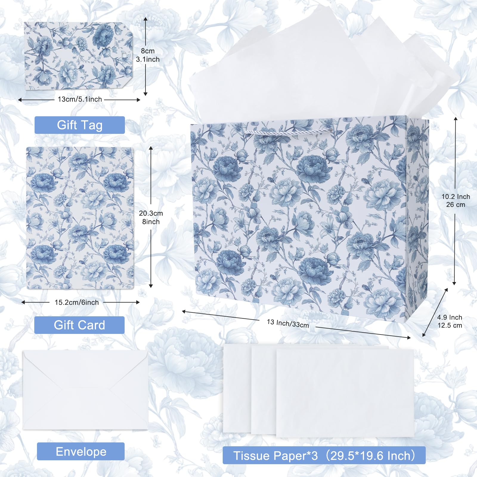 JAYTEM Bridal Shower Gift Bag, 13" Blue and White Large Wedding Gift Bag with Tissue Paper Greeting Card Tag Envelope, Chinoiserie Peony Floral Elegant Gift Bags for Women, Anniversary, Mother's Day, Birthday, Christmas