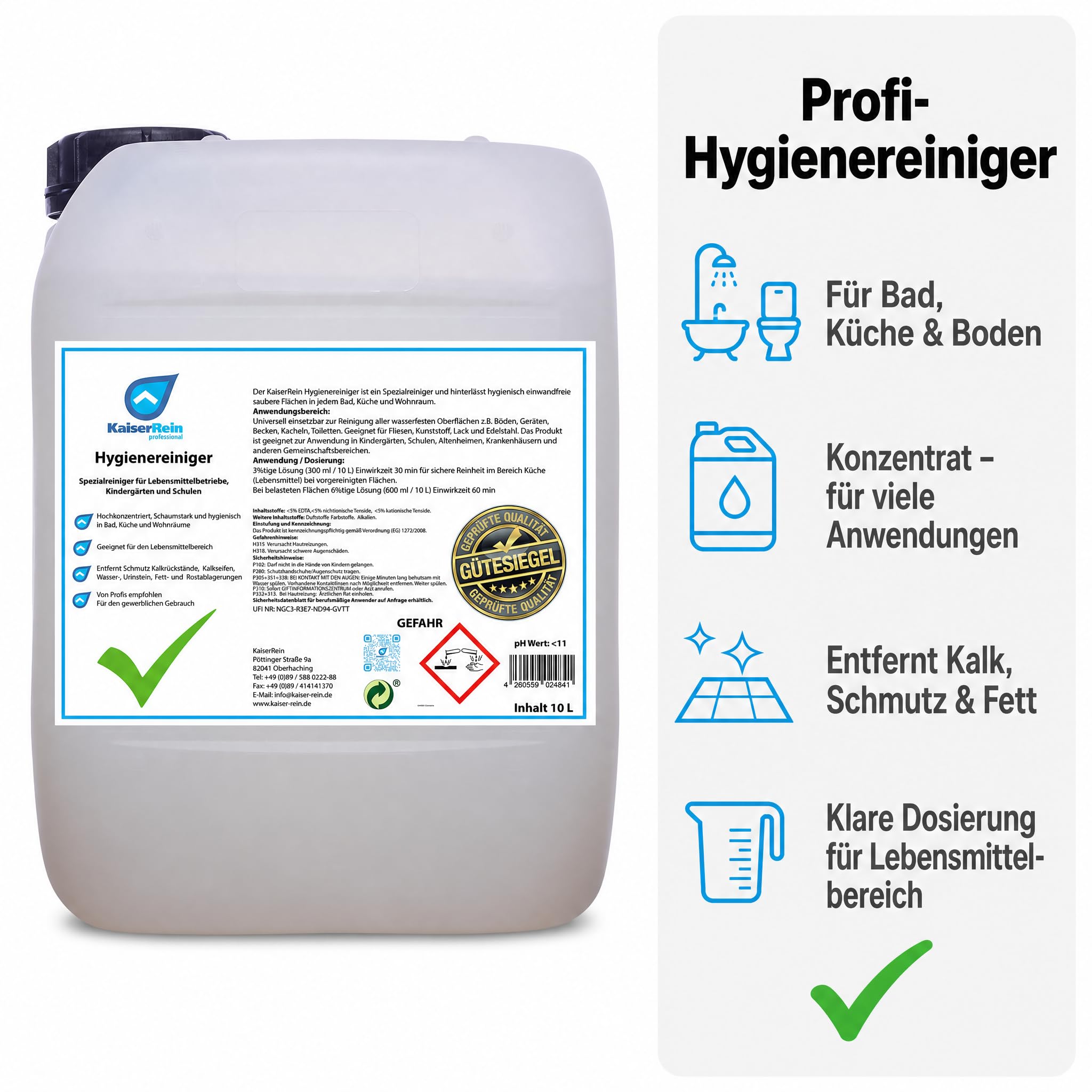 KaiserRein Hygienereiniger Konzentrat, Profi-Universalreiniger für Bad, Küche & Boden, Sanitärreiniger/Kalkreiniger/Fettlöser, 10 L Kanister, schaumfähig für wasser- & säurebeständige Oberflächen