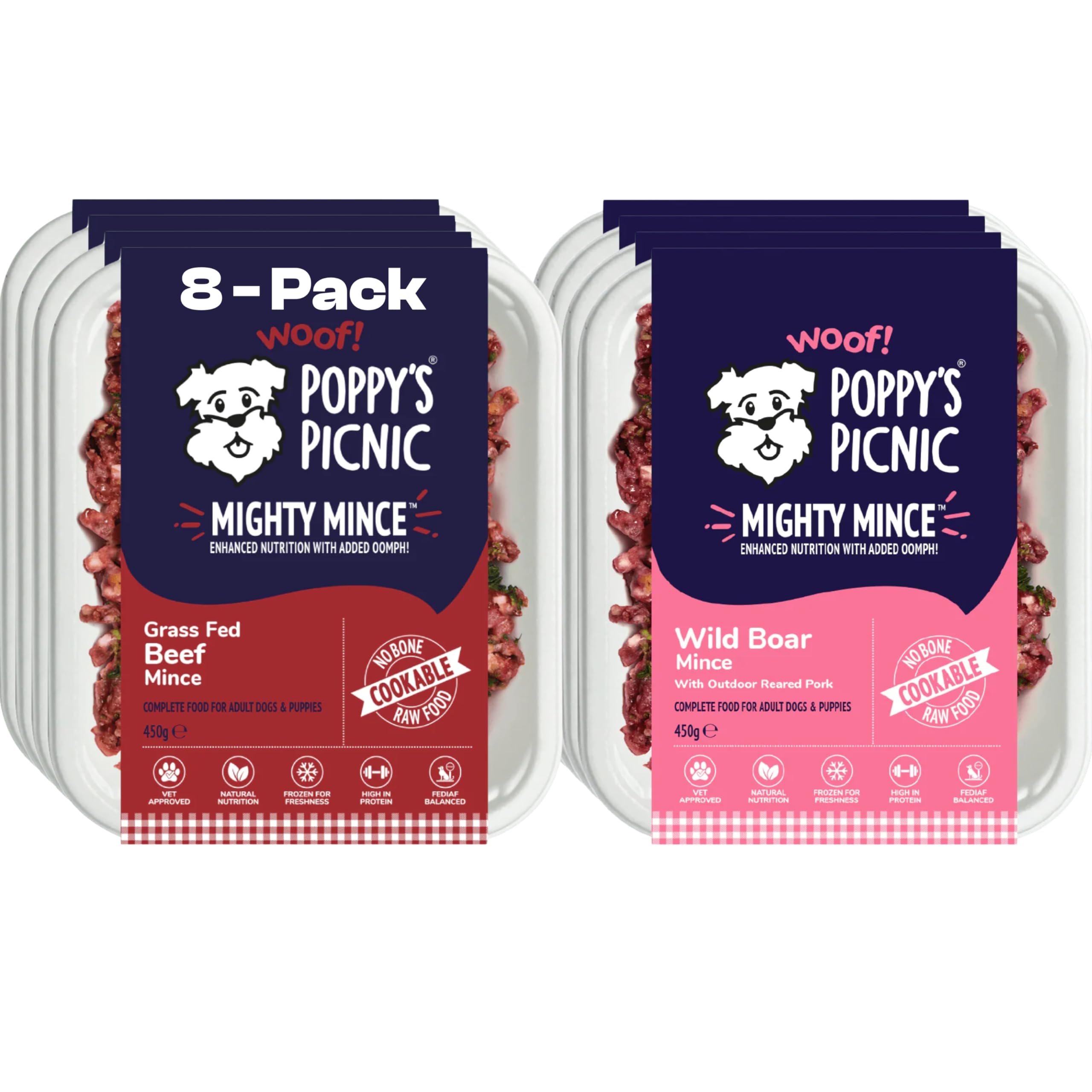 Poppy’s Picnic - MIGHTY MINCE Beef & Wild Boar – 8 Pack Raw Frozen Dog Food – High Protein Fresh Food – Frozen Raw – Complete Beef & Wild Boar Mince for Dogs – 8 x 450g