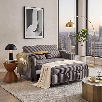 LINSY HOME 3-in-1 Pull Out Sofa Bed, 58" Convertible Sleeper Sofa for Living Room, 360 Swivel Table, Storage Armrests, Charging Station, Cup Holders, 2 Pillows, Corduroy Loveseat Futon Couch, Grey