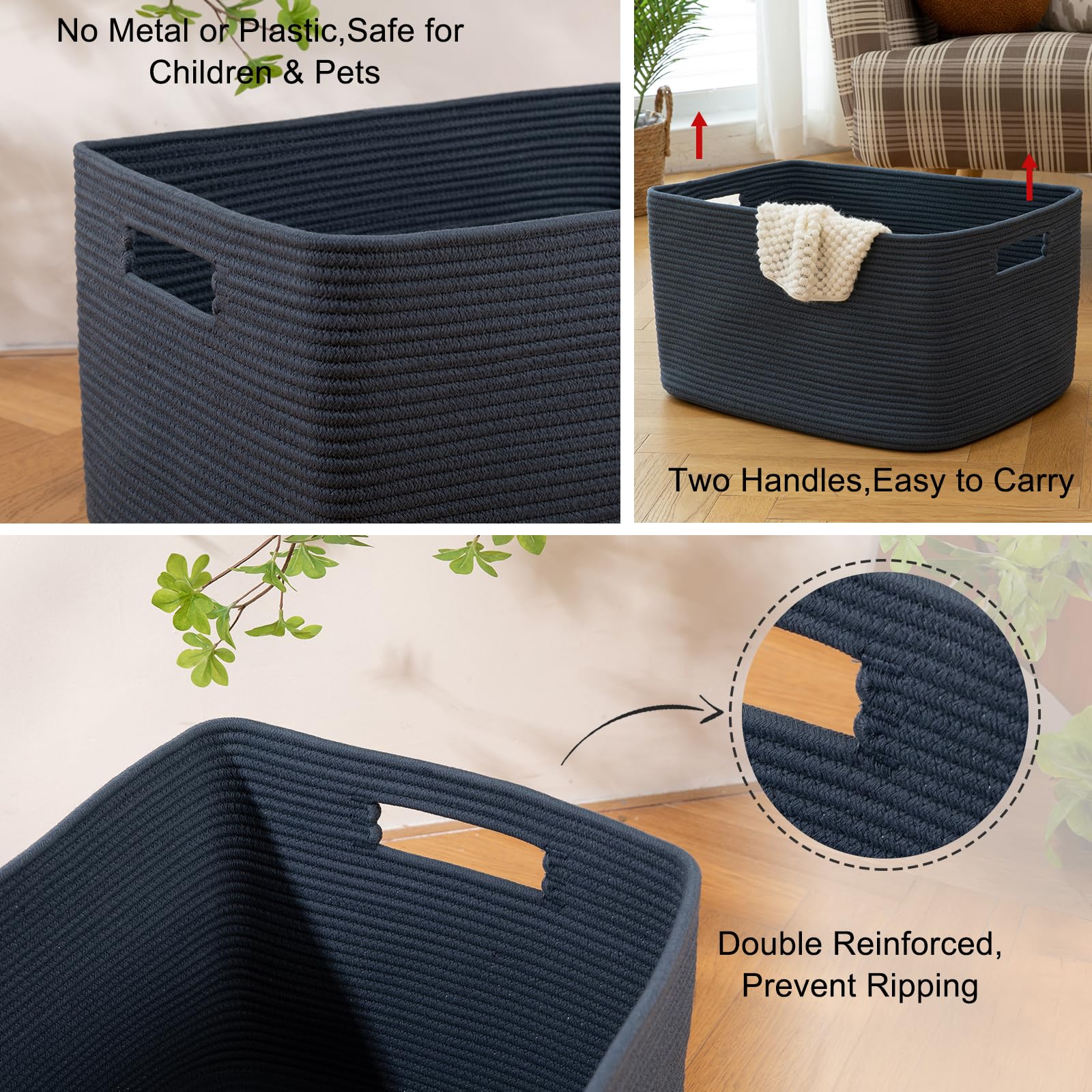 OIAHOMY 75L Large Rectangular Blue Cotton Rope Storage Basket, 22”x17”x12”, Living Room, Nursery, Blanket Basket with Handle - Image 4