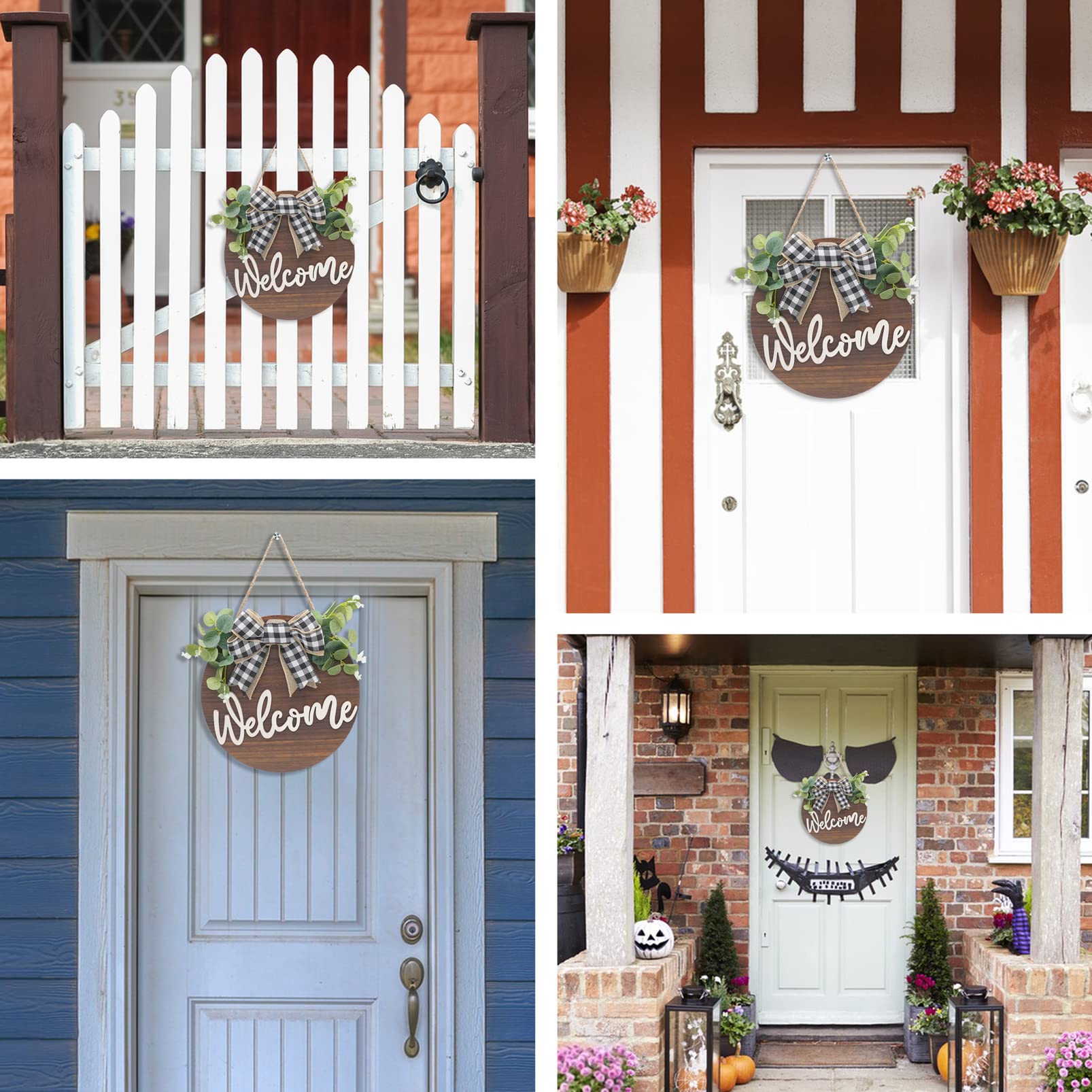 Letrero de Bienvenida Puerta Frontal Señal Madera Redonda Colgante Coronas de Bienvenida con Lazo y Flores para Casa de Campo Porche Decoración de La Puerta Delantera, 30 x 30 cm