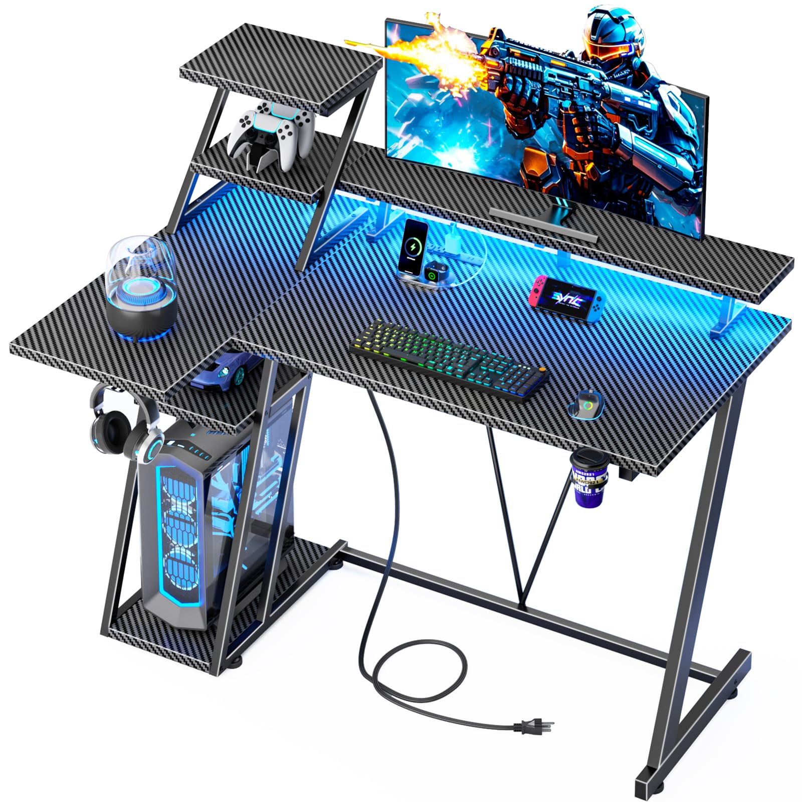 39 Inch Gaming Desk with LED Lights & Power Outlet, Small Gaming Computer Desk with Storage Shelves, L Shaped Gamer Workstations with Monitor Stand for Bedroom, Carbon Fiber Black